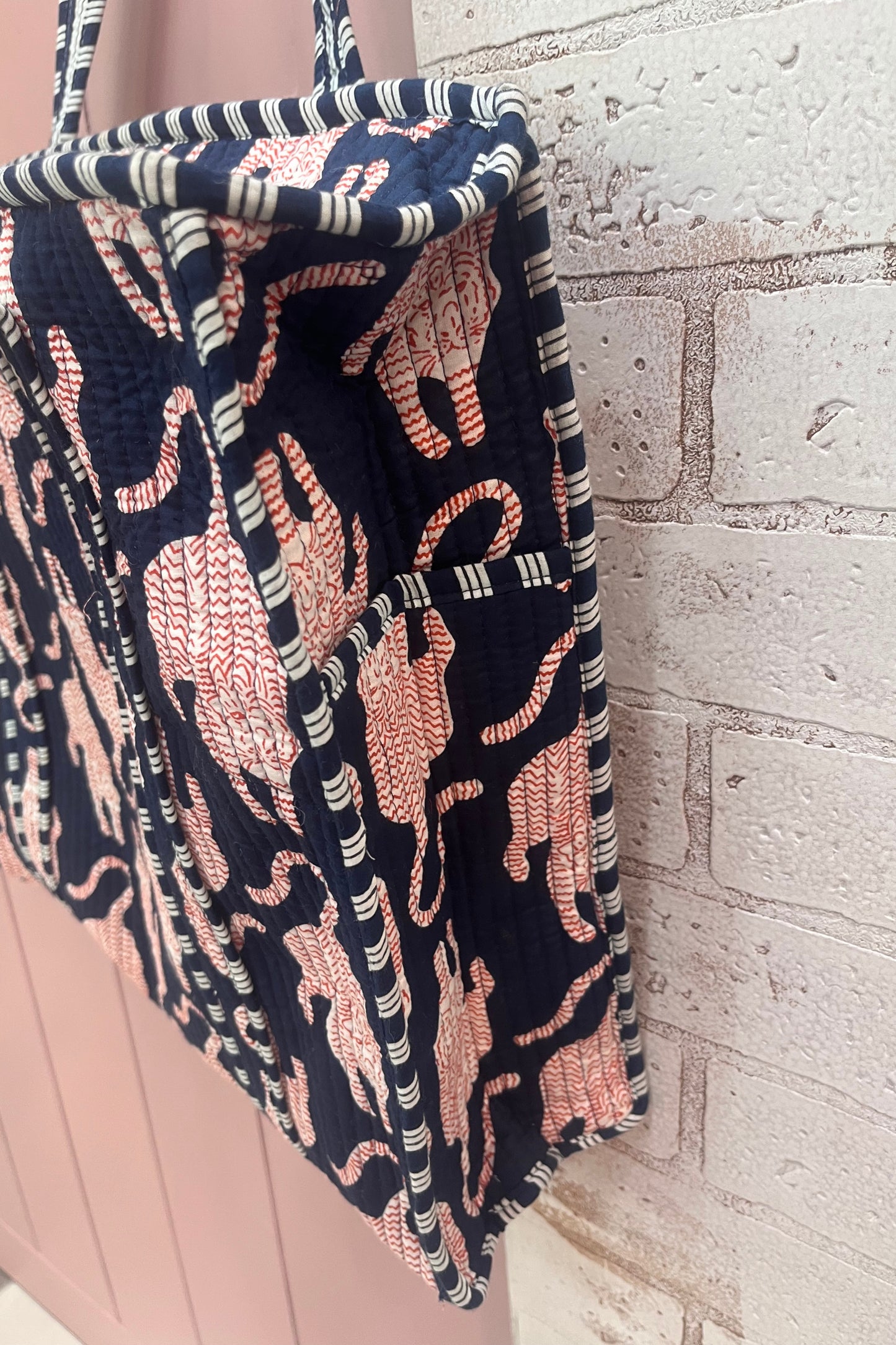 Navy block printed bag-large
