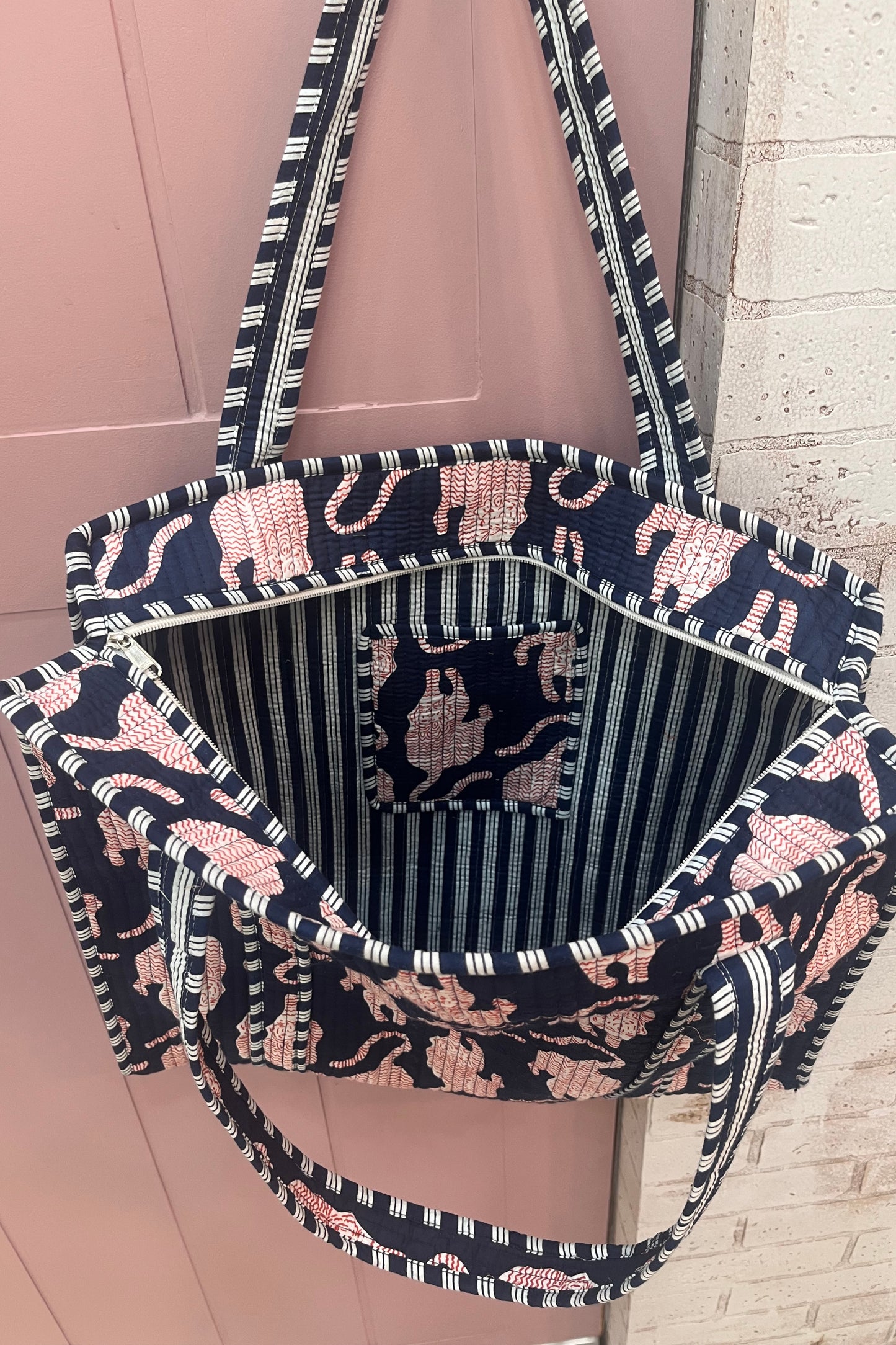 Navy block printed bag-large