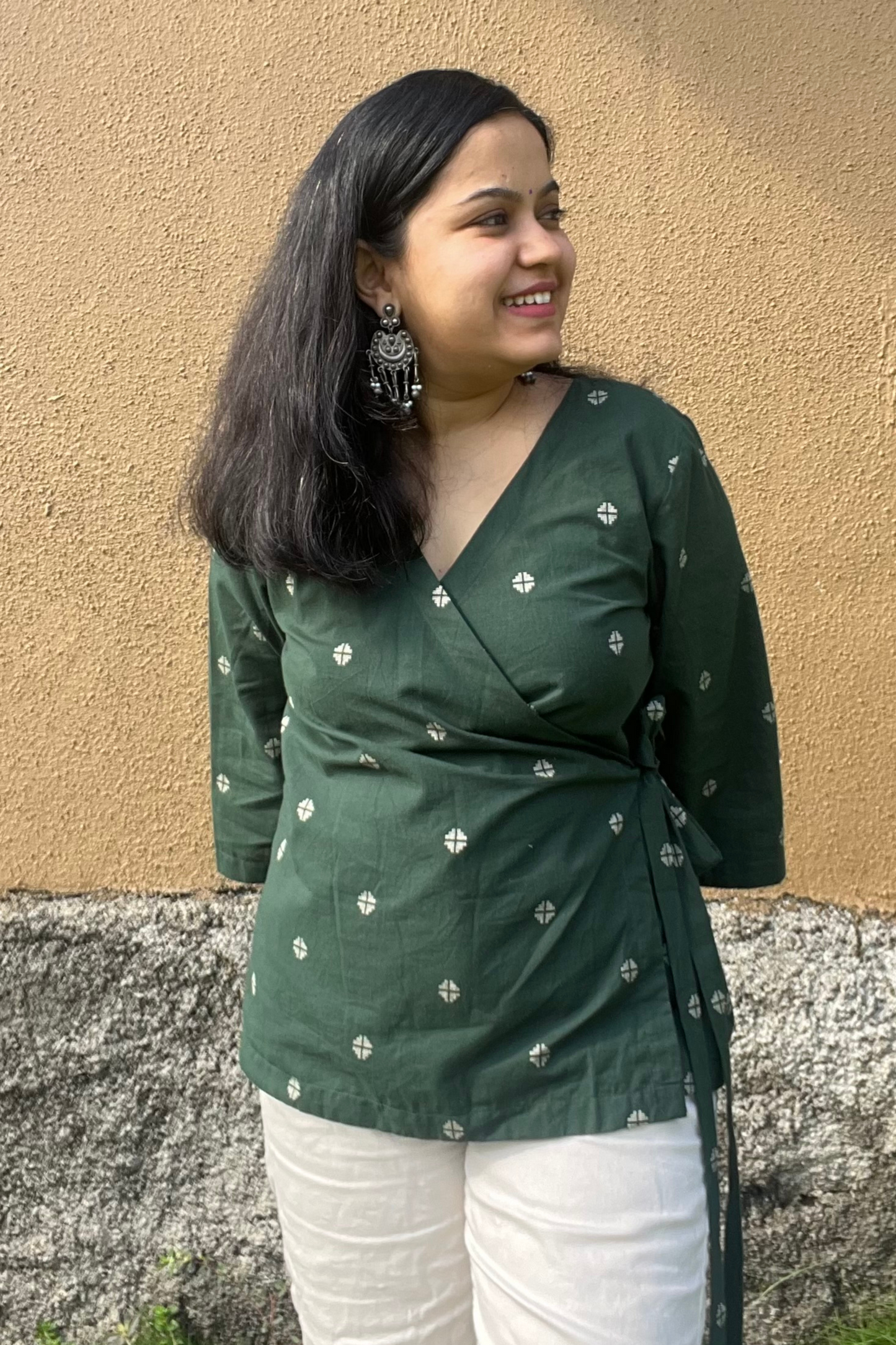 Bottle green handloom wrap top