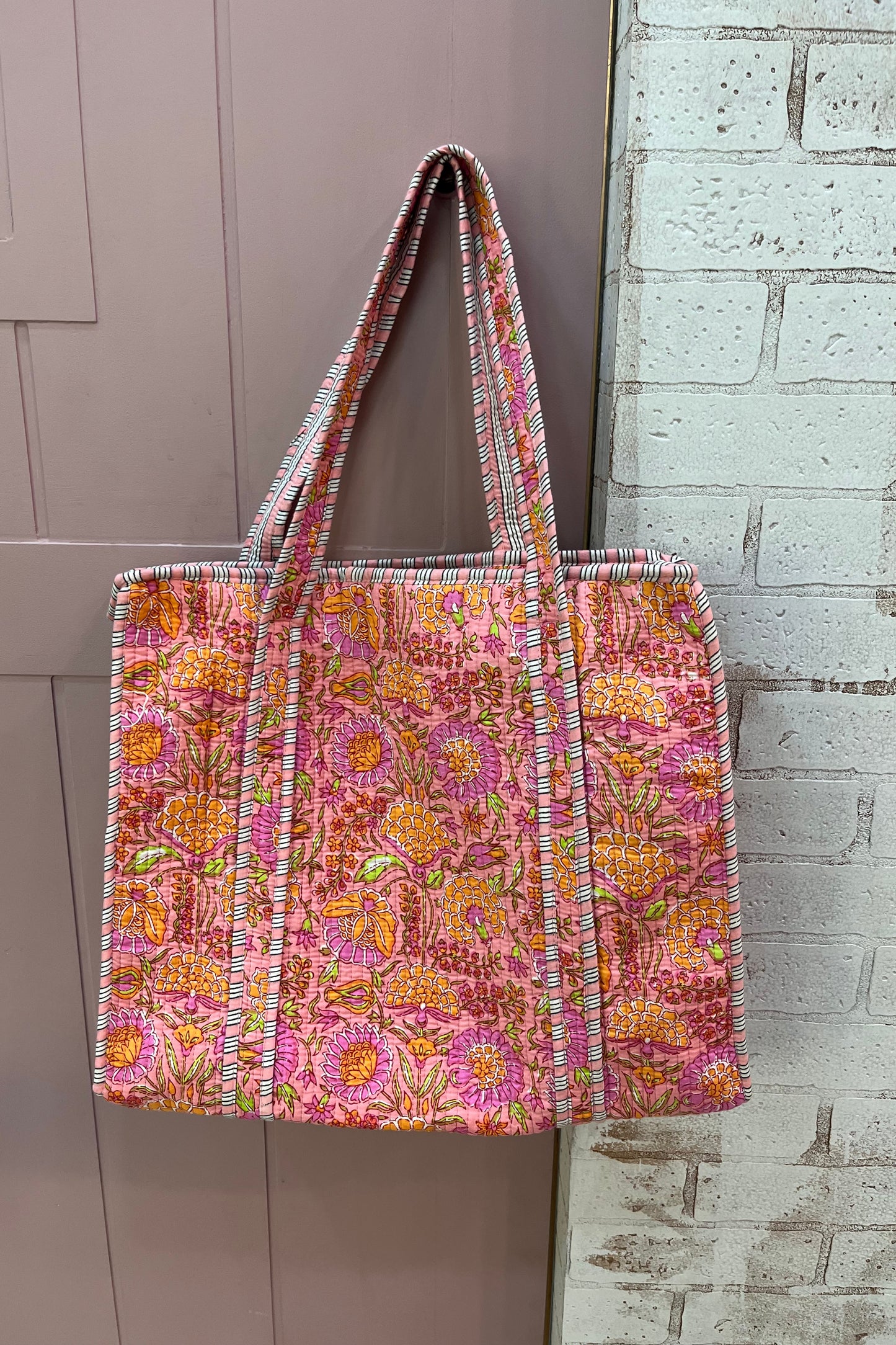 Peach block printed bag-large