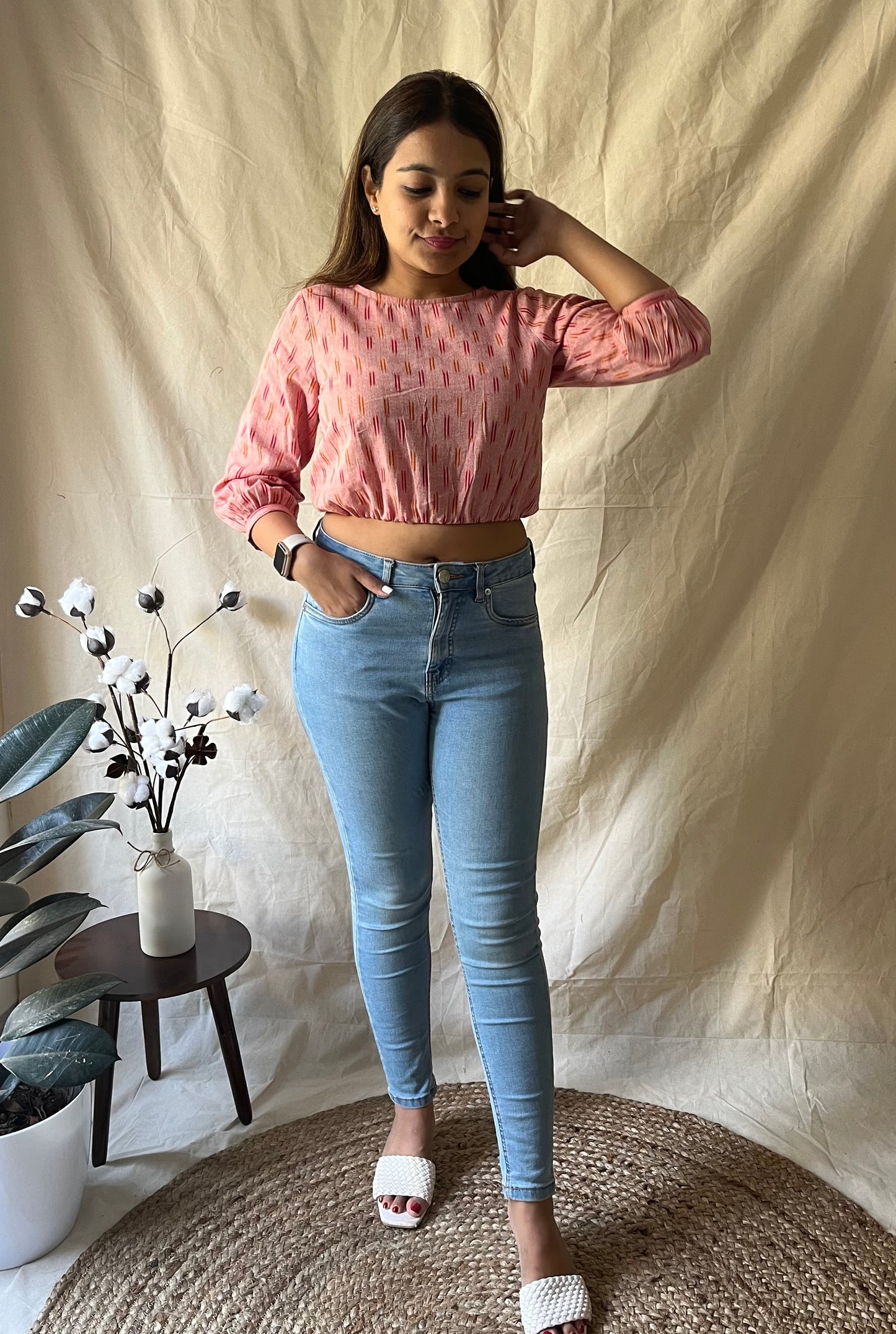 Peach ikat cropped top-XS