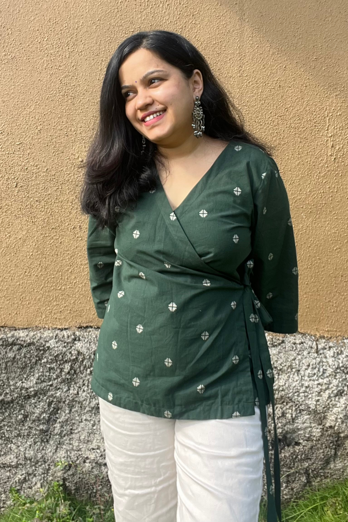 Bottle green handloom wrap top