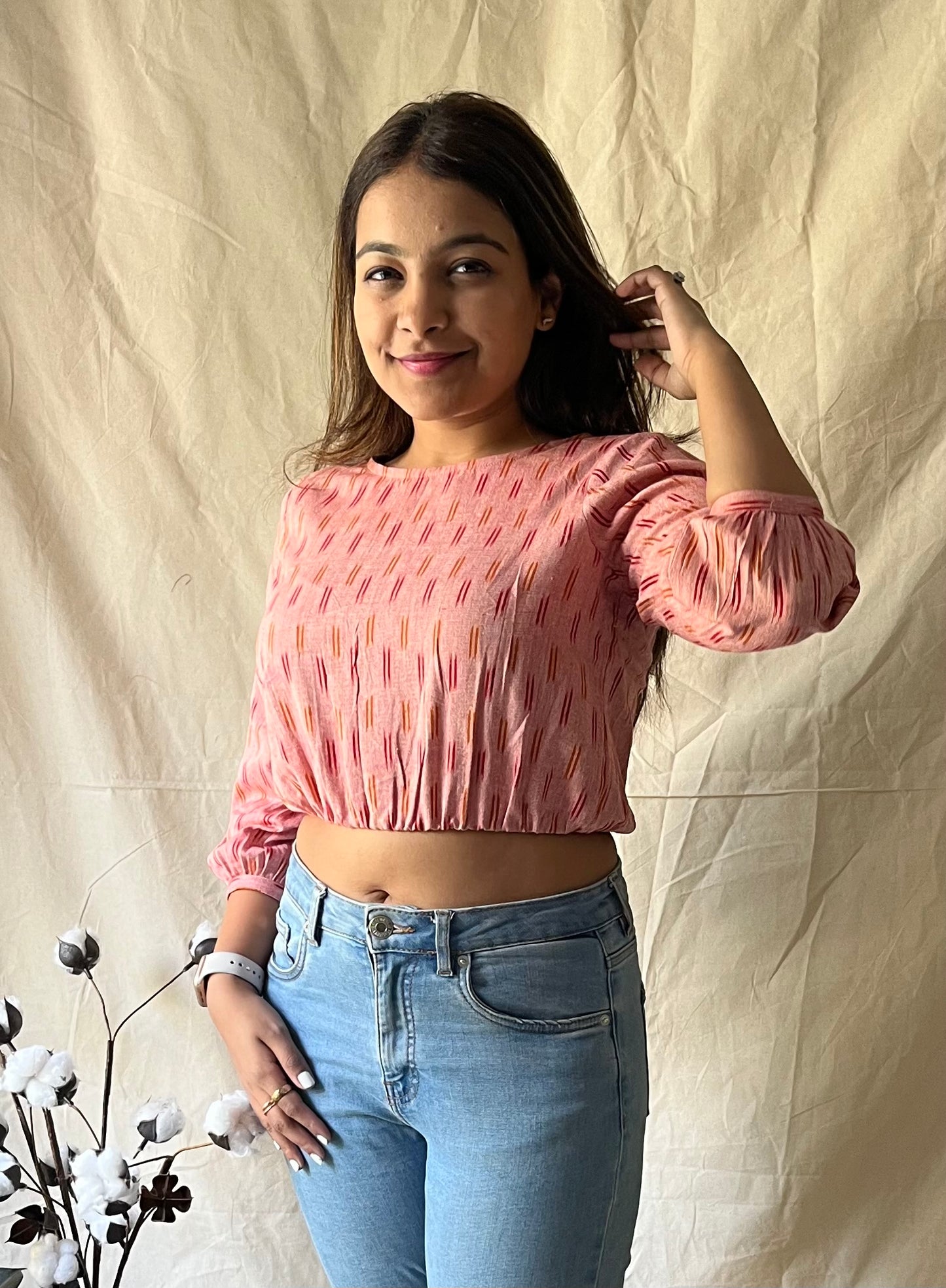 Peach ikat cropped top-XS