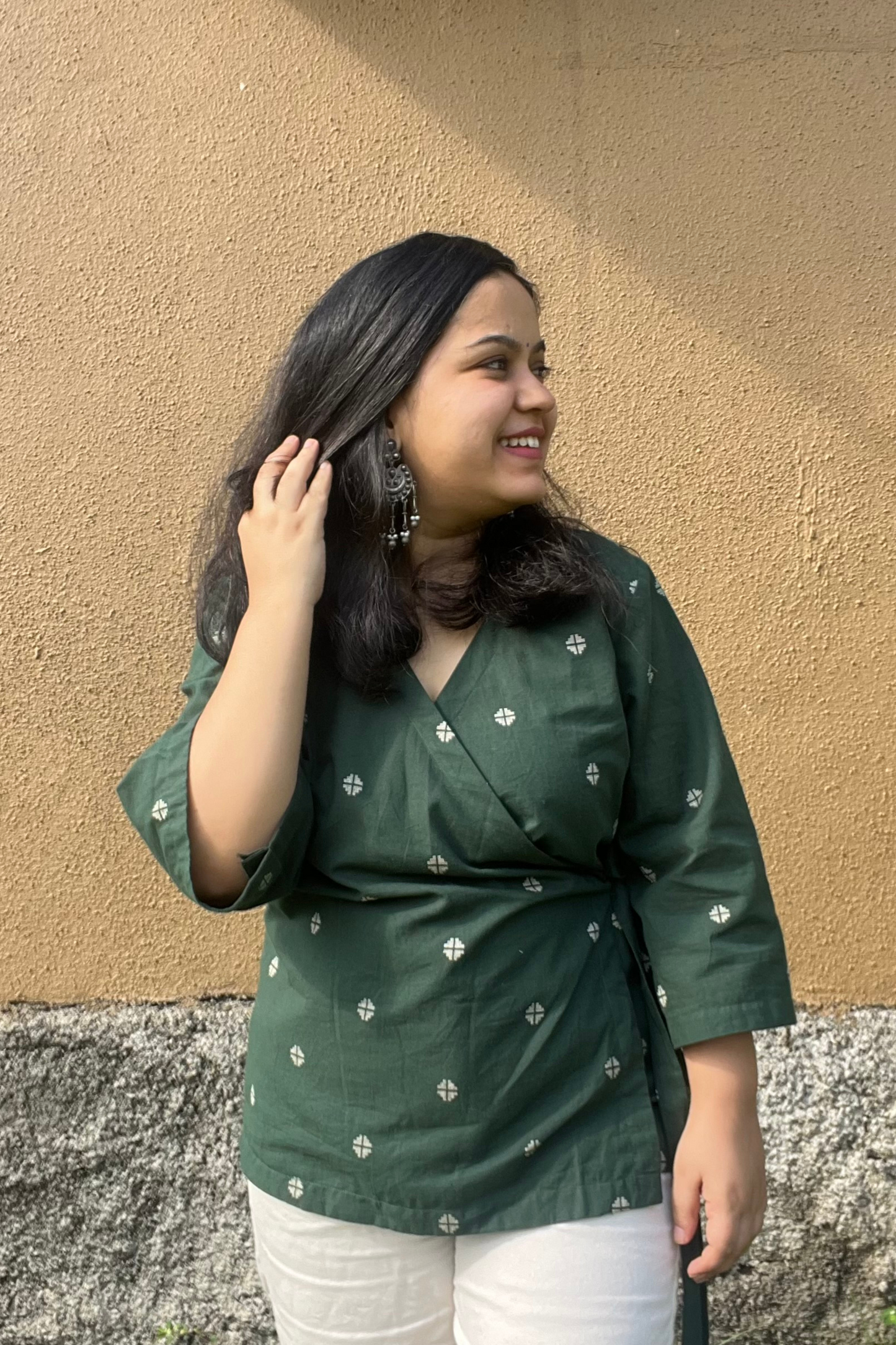 Bottle green handloom wrap top