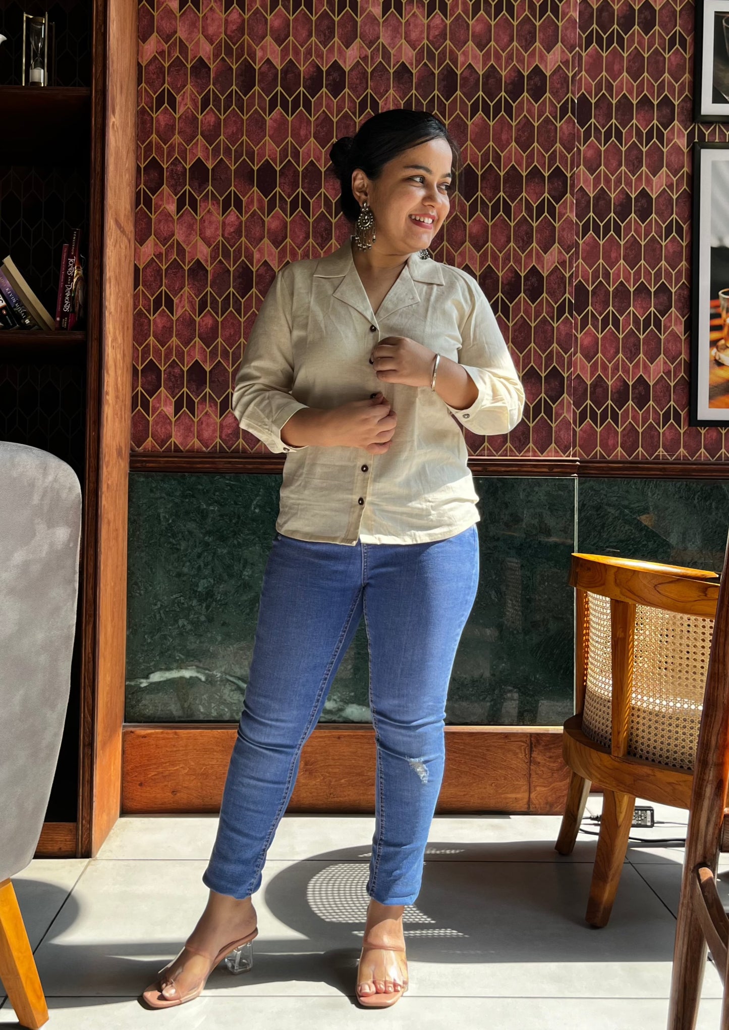 Oatmeal lapel collared shirt