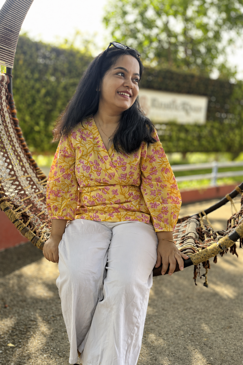 Yellow floral wrap top