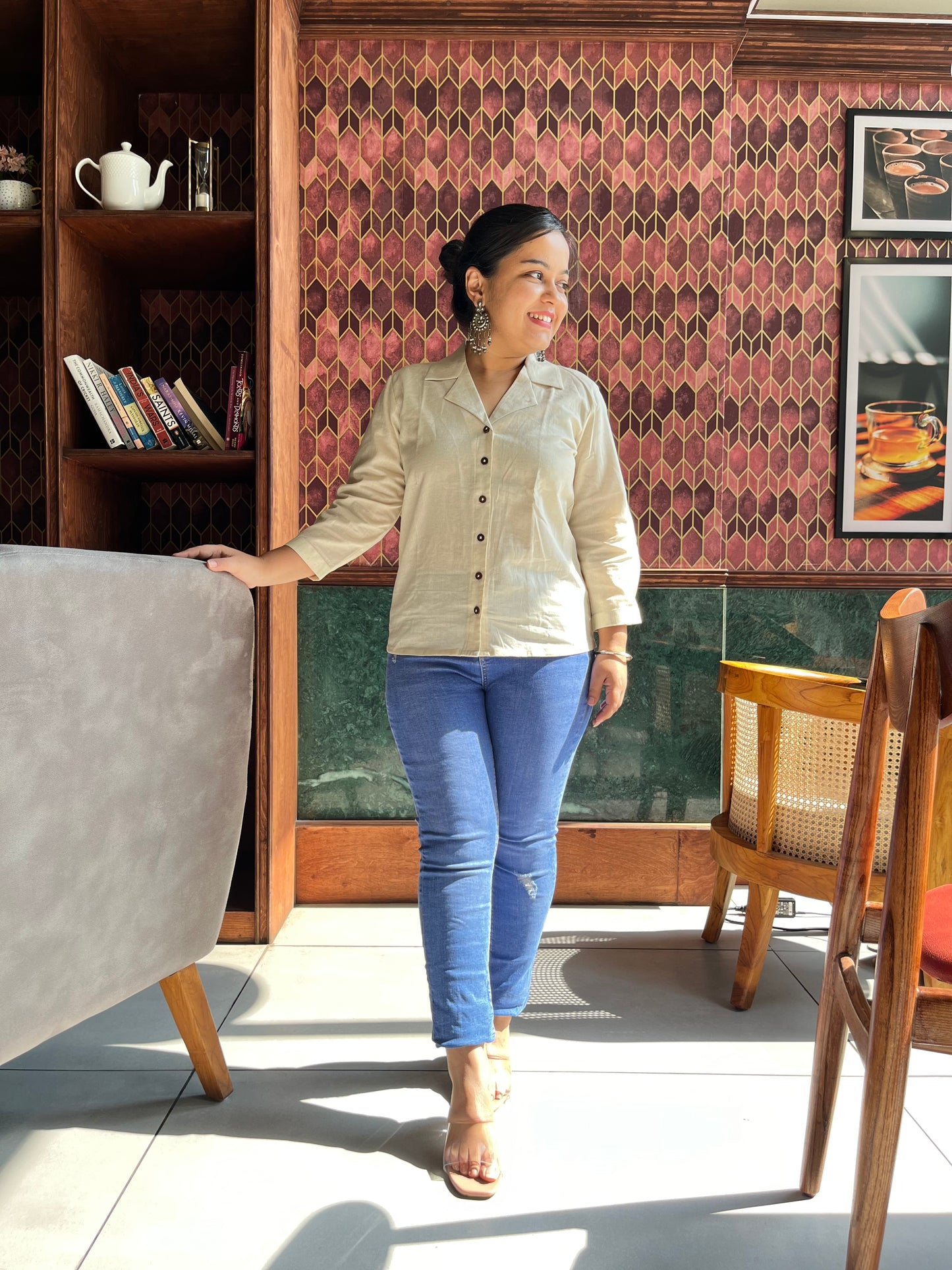 Oatmeal lapel collared shirt