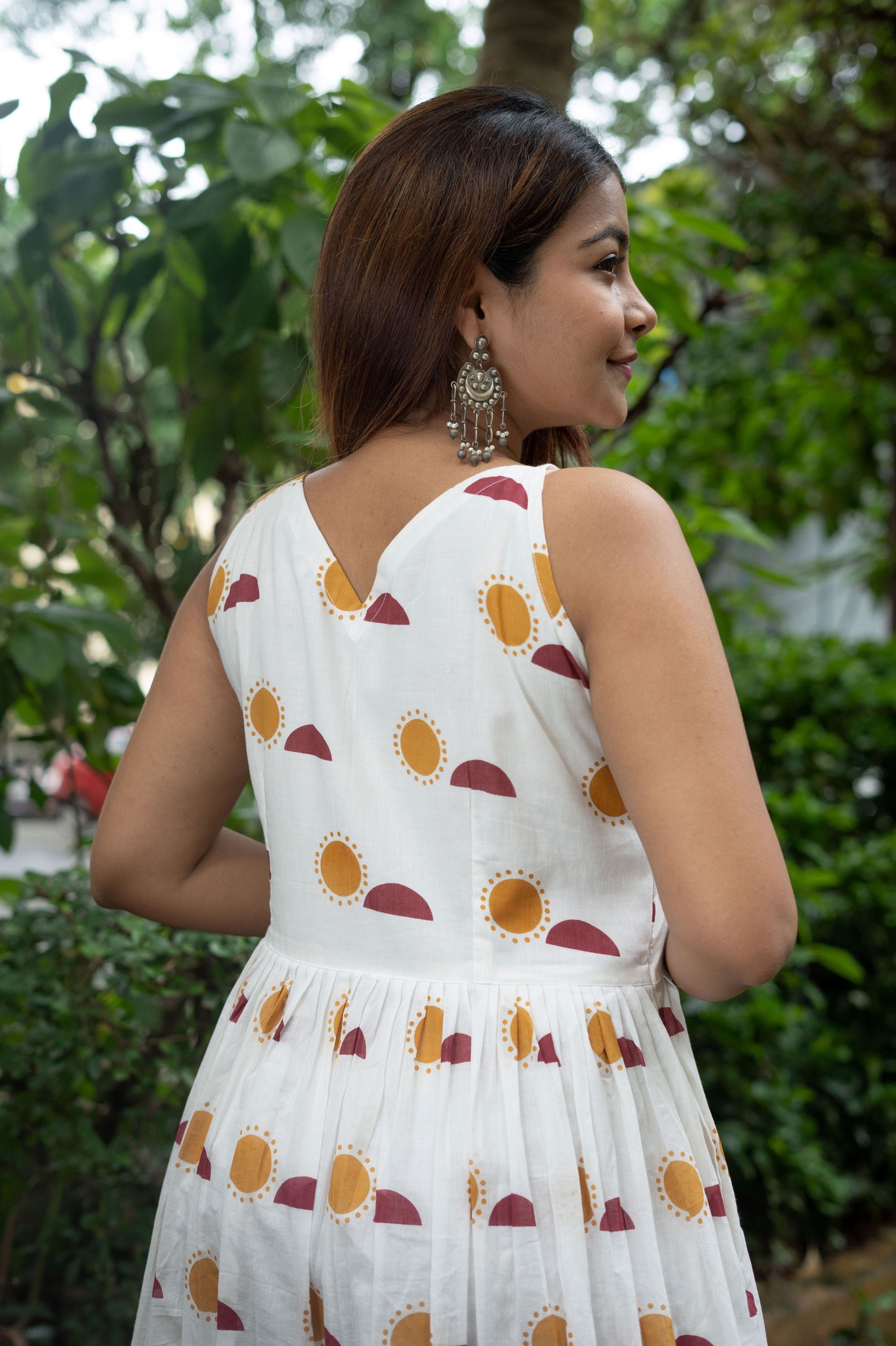 Sun Moon block printed Dress- White