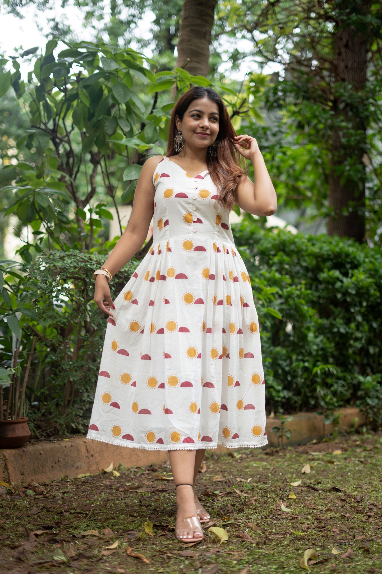 Sun Moon block printed Dress- White