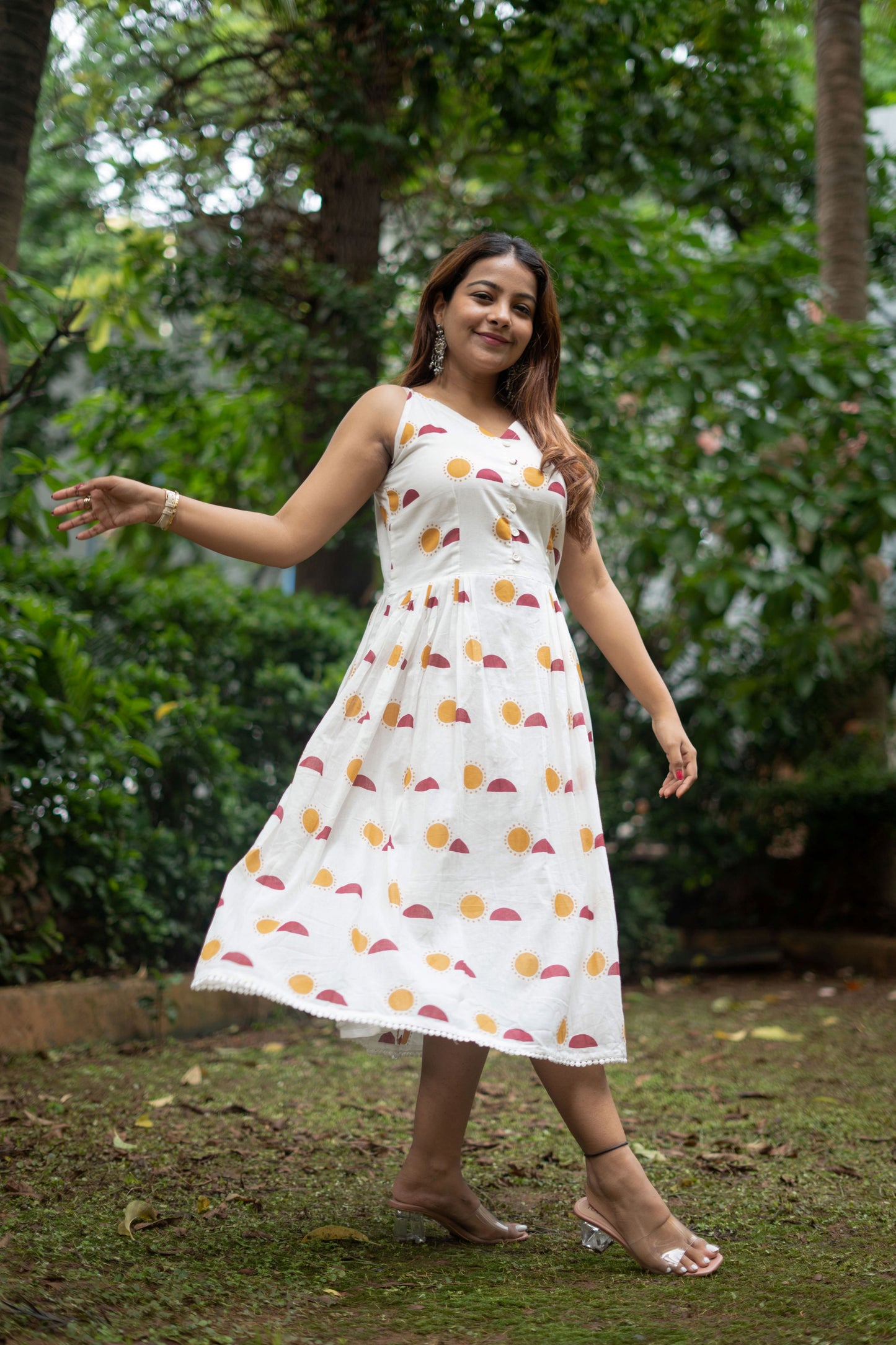 Sun Moon block printed Dress- White