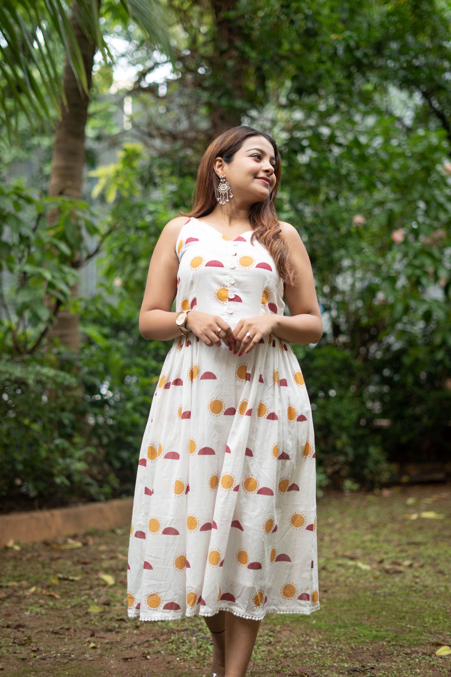 Sun Moon block printed Dress- White