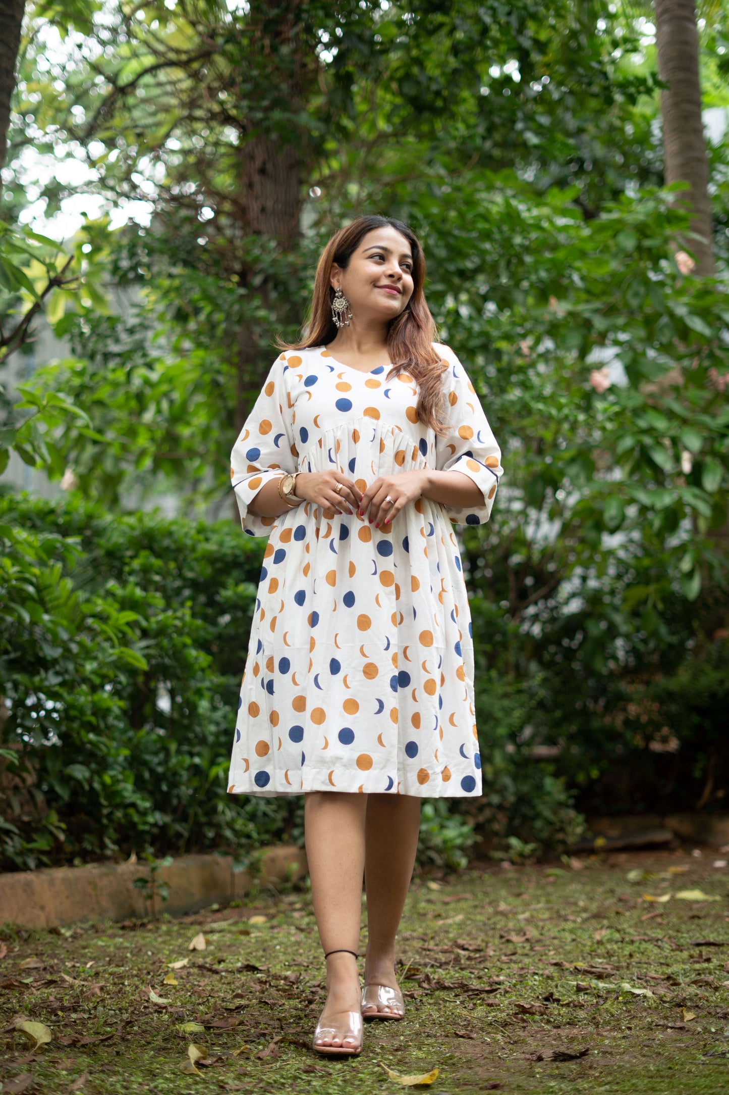 Moon Moon block printed Dress- White