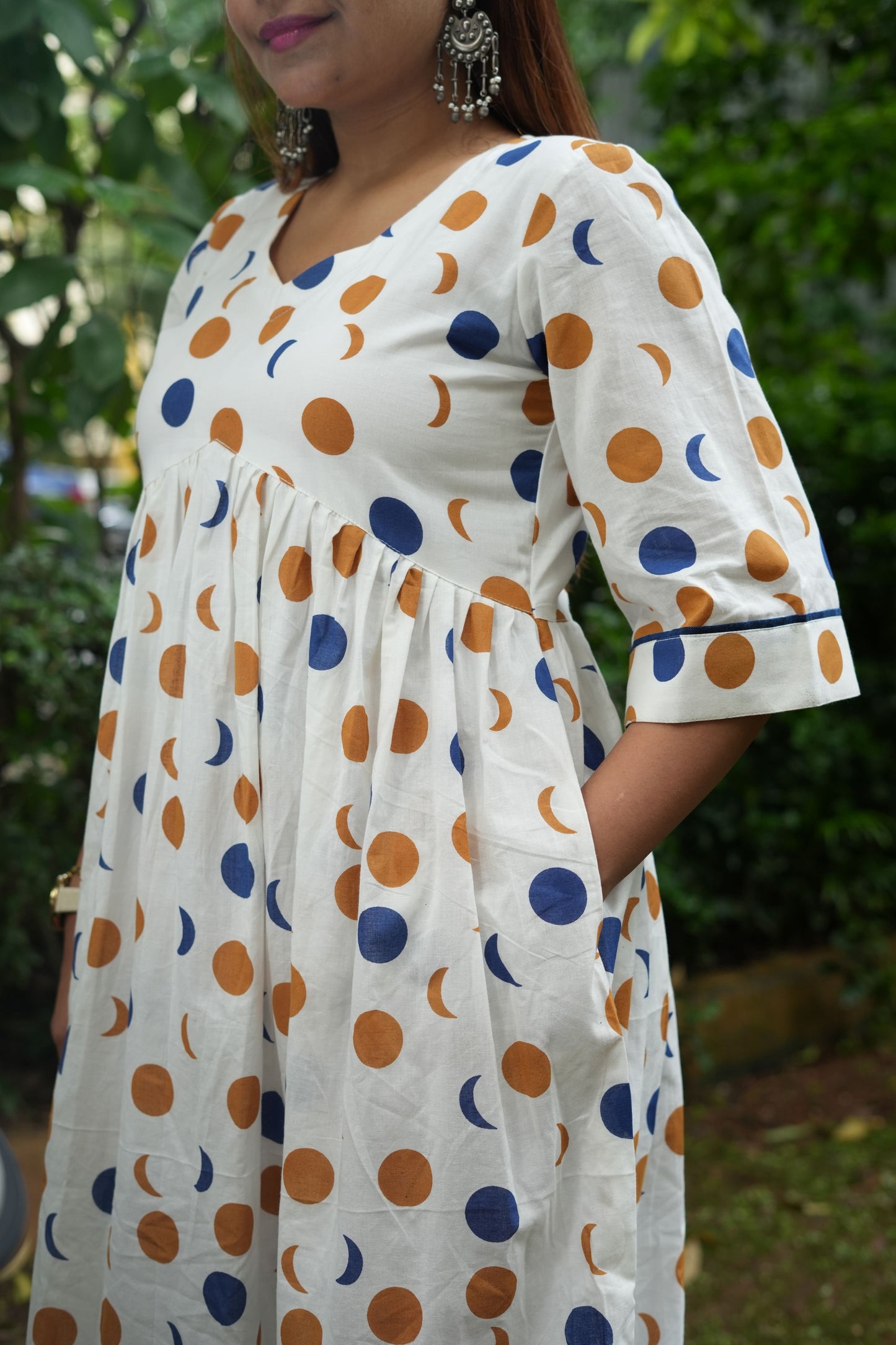Moon Moon block printed Dress- White