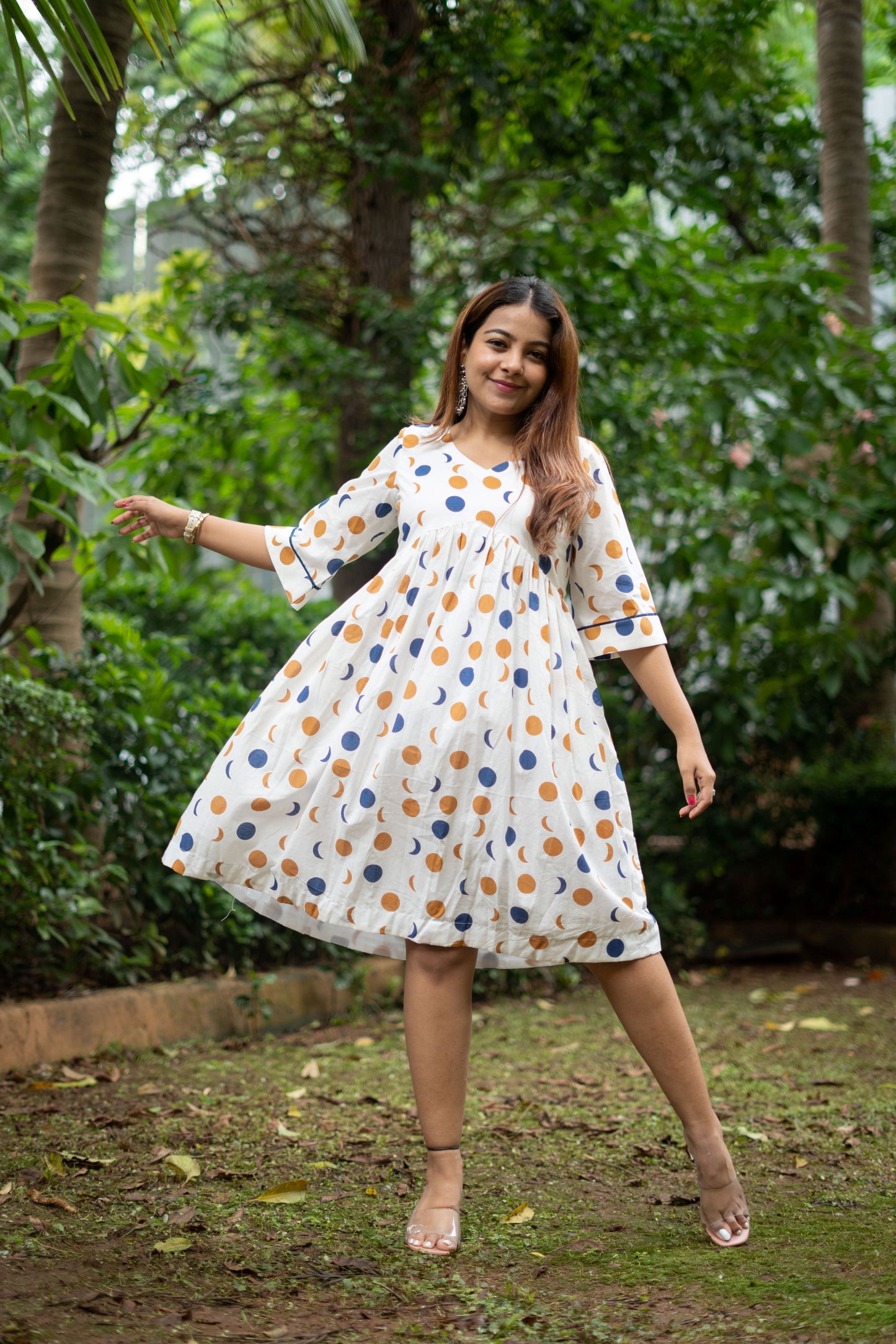 Moon Moon block printed Dress- White