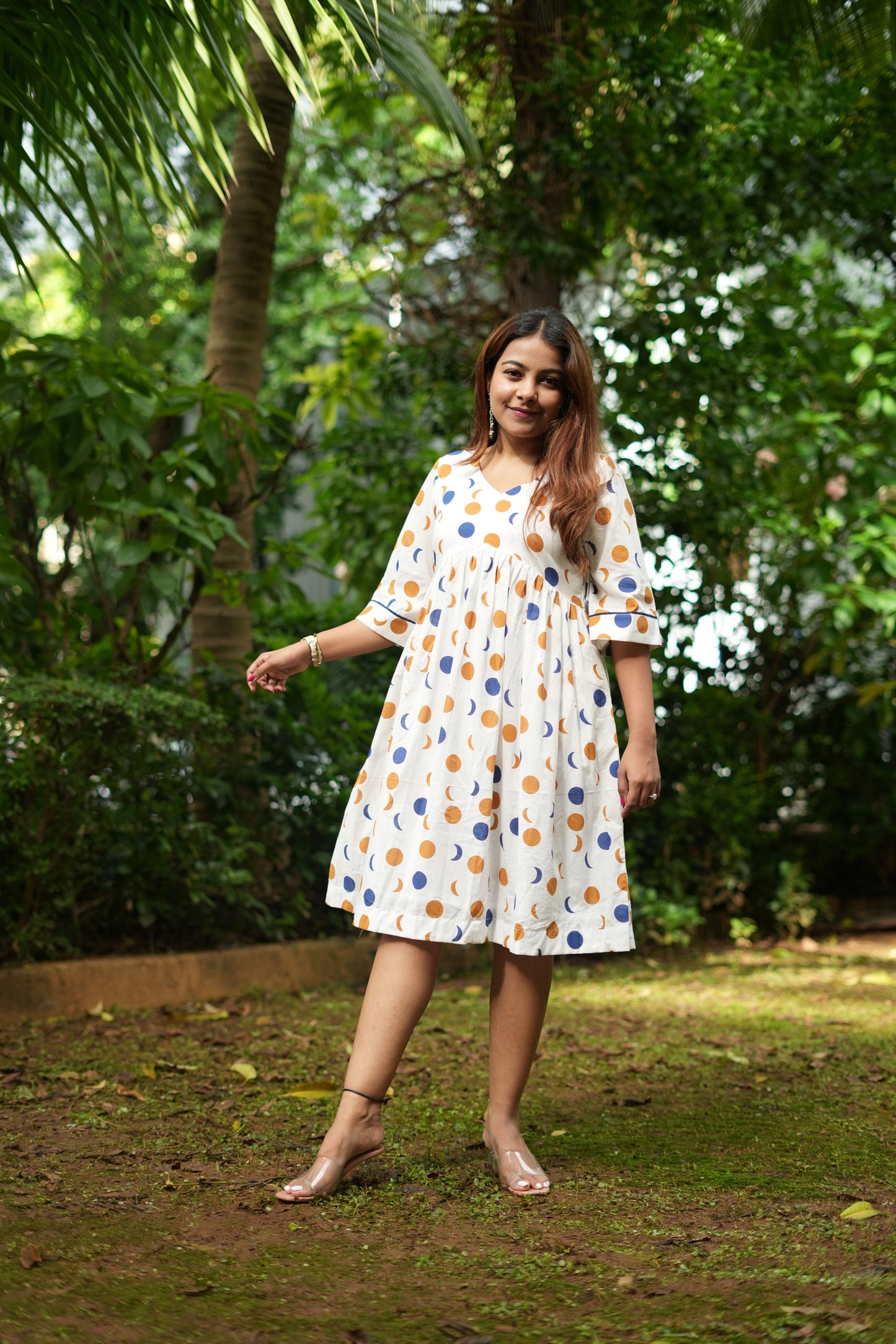 Moon Moon block printed Dress- White