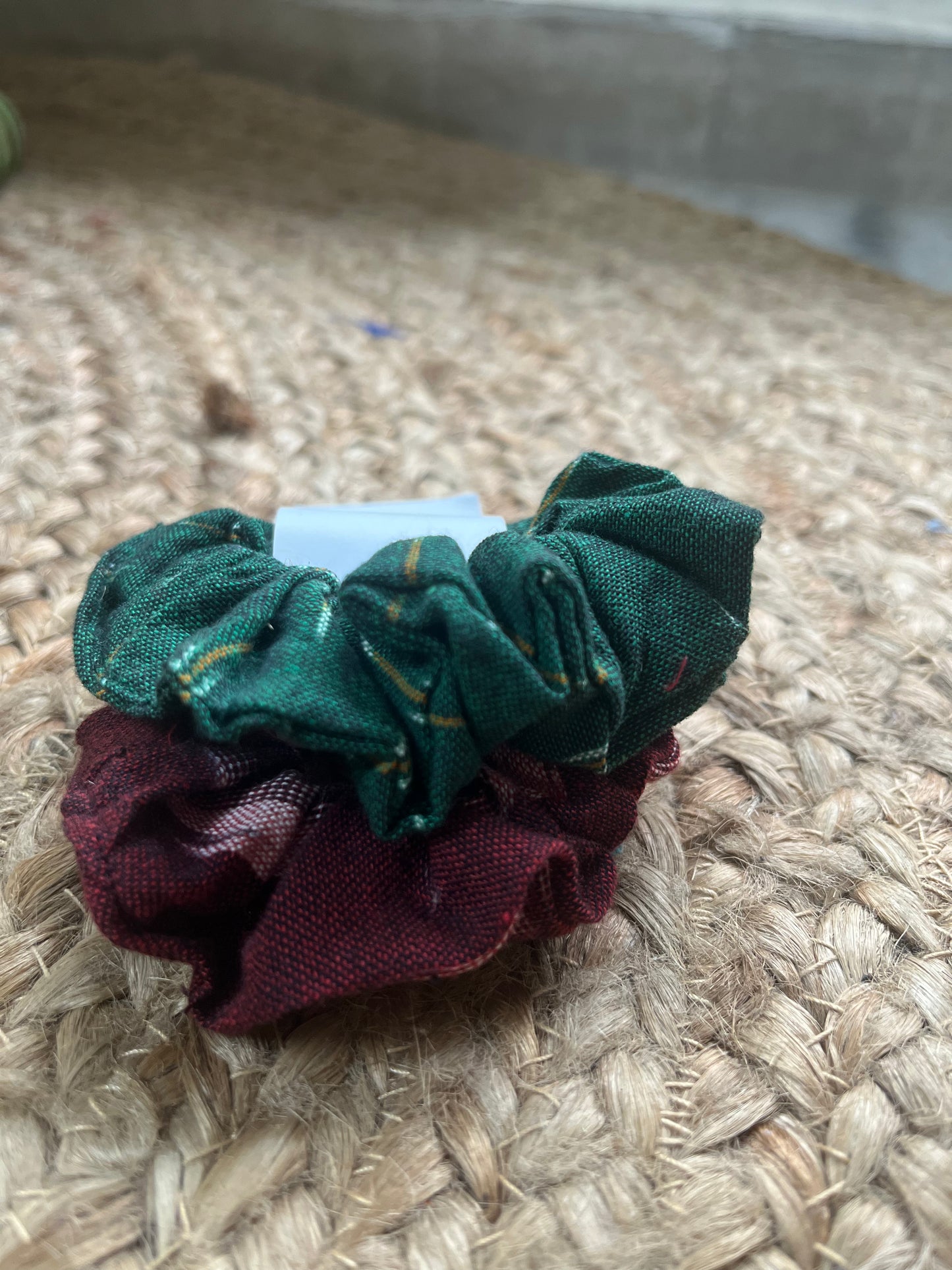 Maroon and green Ikat scrunchie