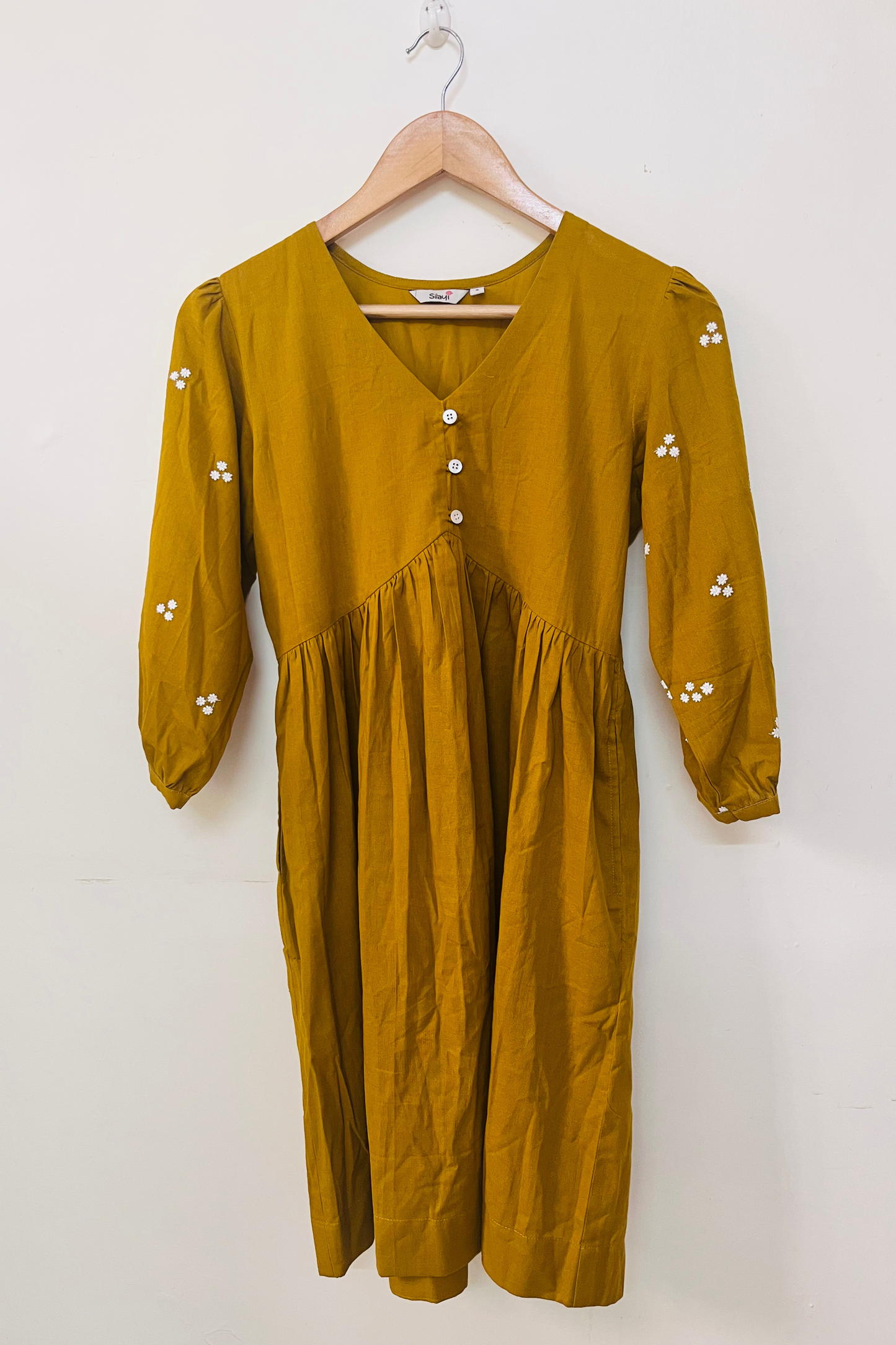 Yellow embroidered sleeve dress-S