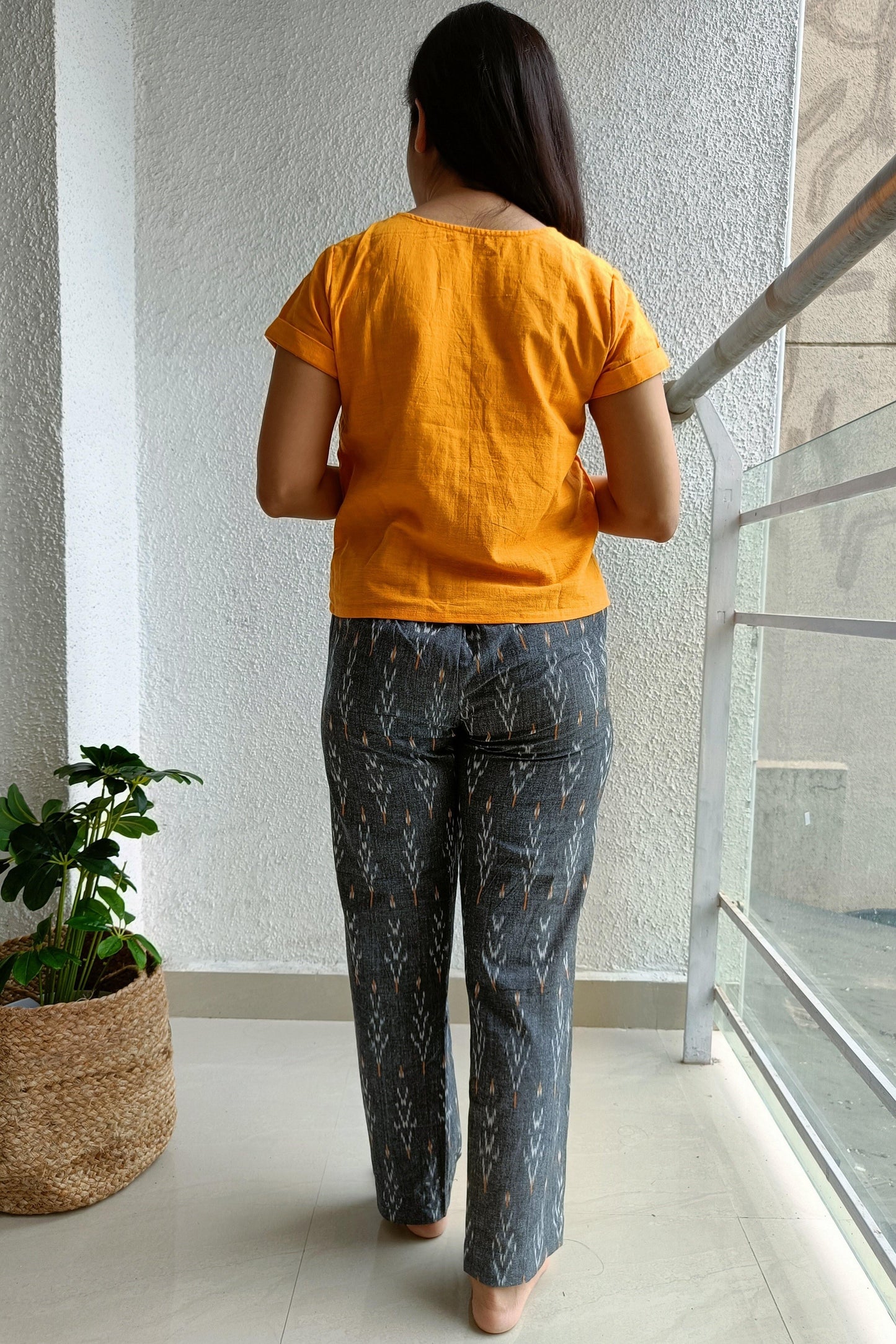 Grey-mustard Ikat pants - www.silayi.in