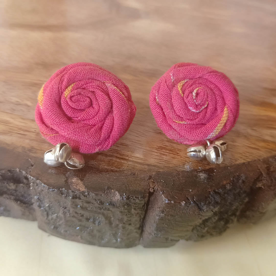 Pink green Ikat circular studs - www.silayi.in
