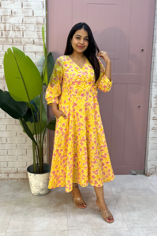 Kanak block printed dress-Yellow