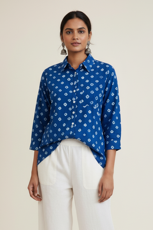 Mulmul Bandhani shirt-Blue