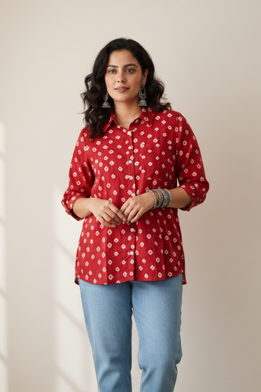 Mulmul Bandhani shirt-Red