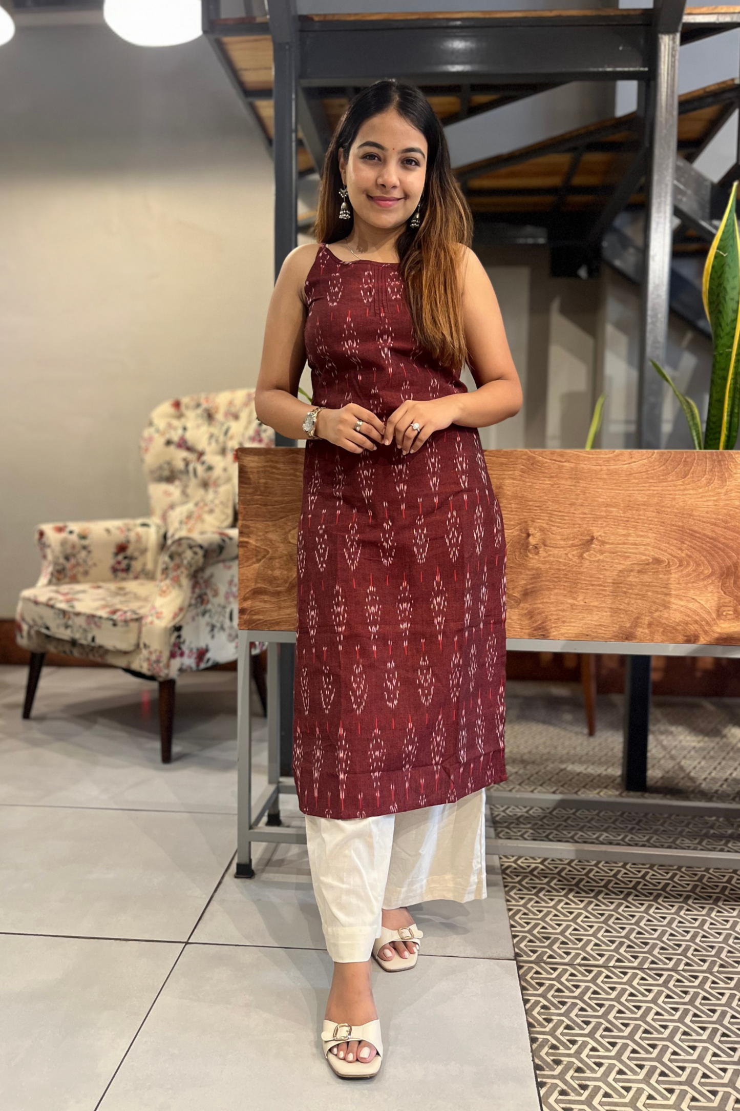 Maroon Ikat kurti