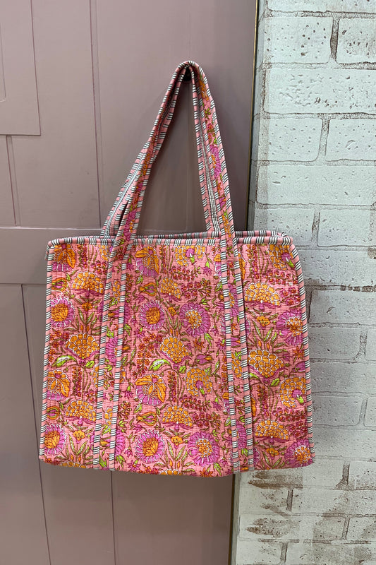 Peach block printed bag-large