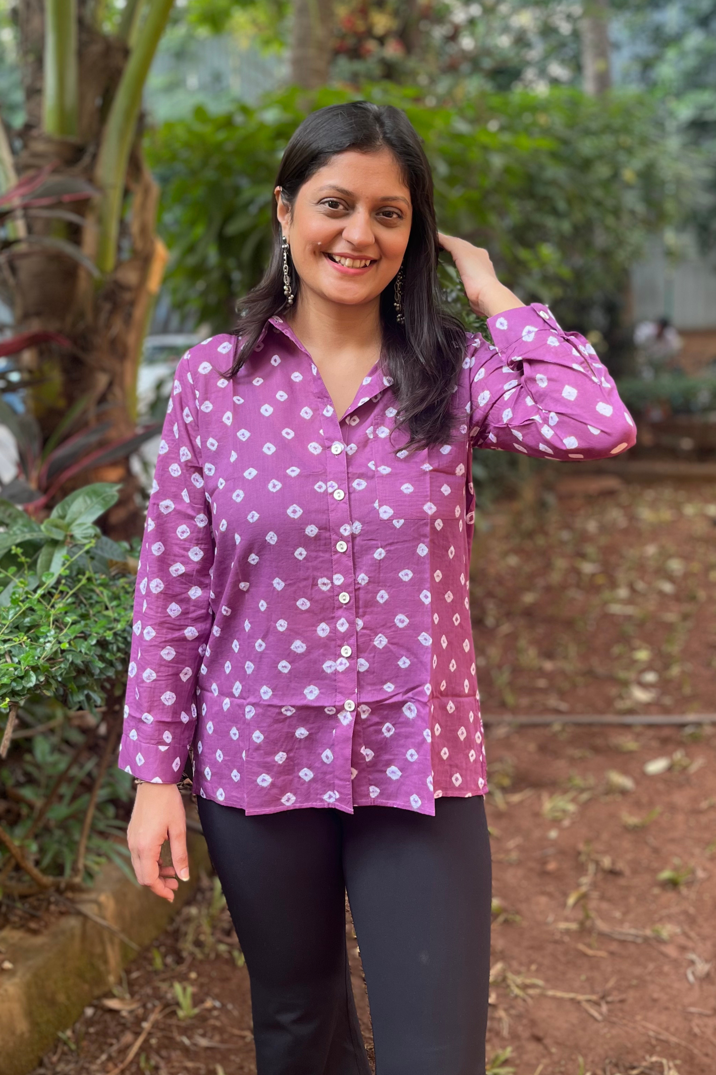 Mulmul Bandhani shirt- Purple