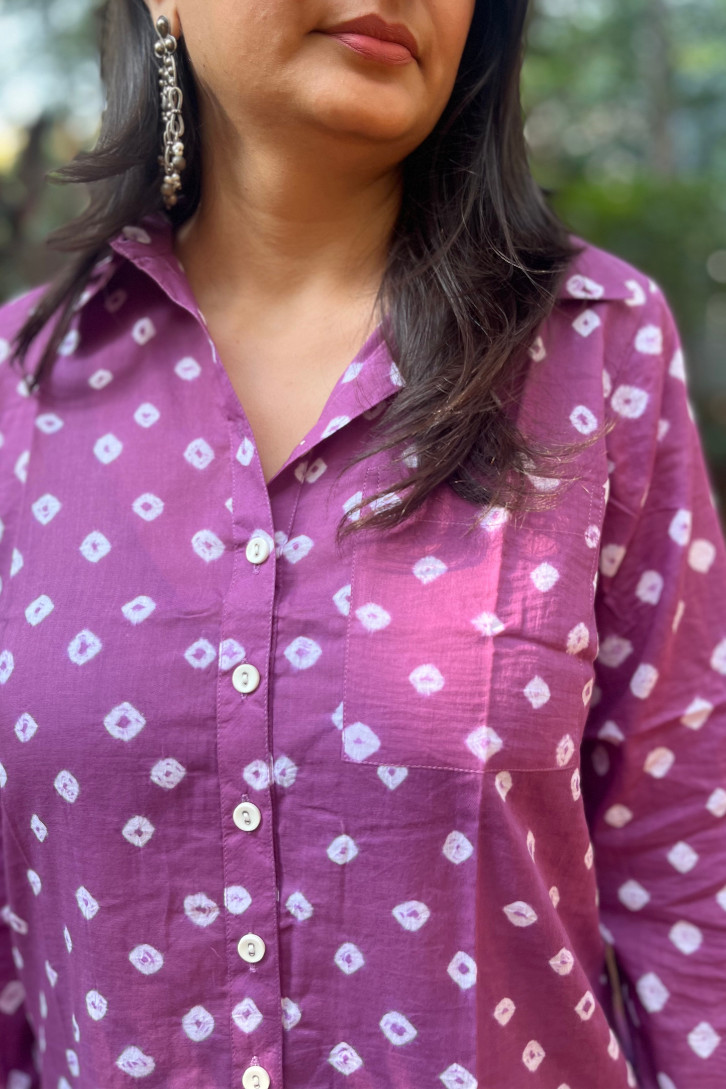 Mulmul Bandhani shirt- Purple