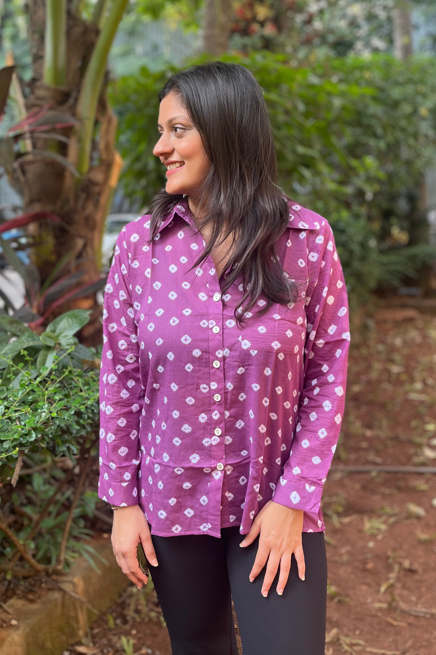 Mulmul Bandhani shirt- Purple