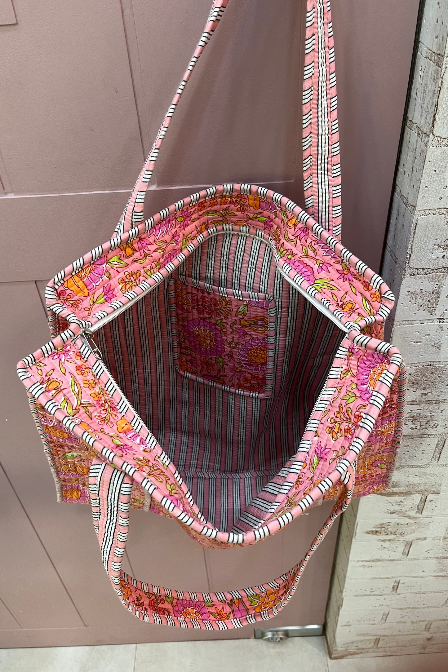 Peach block printed bag-large
