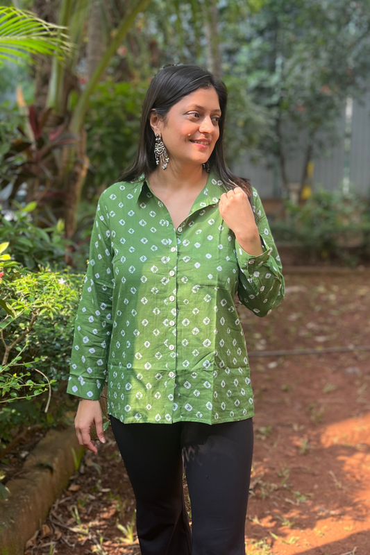 Mulmul Bandhani shirt-Olive
