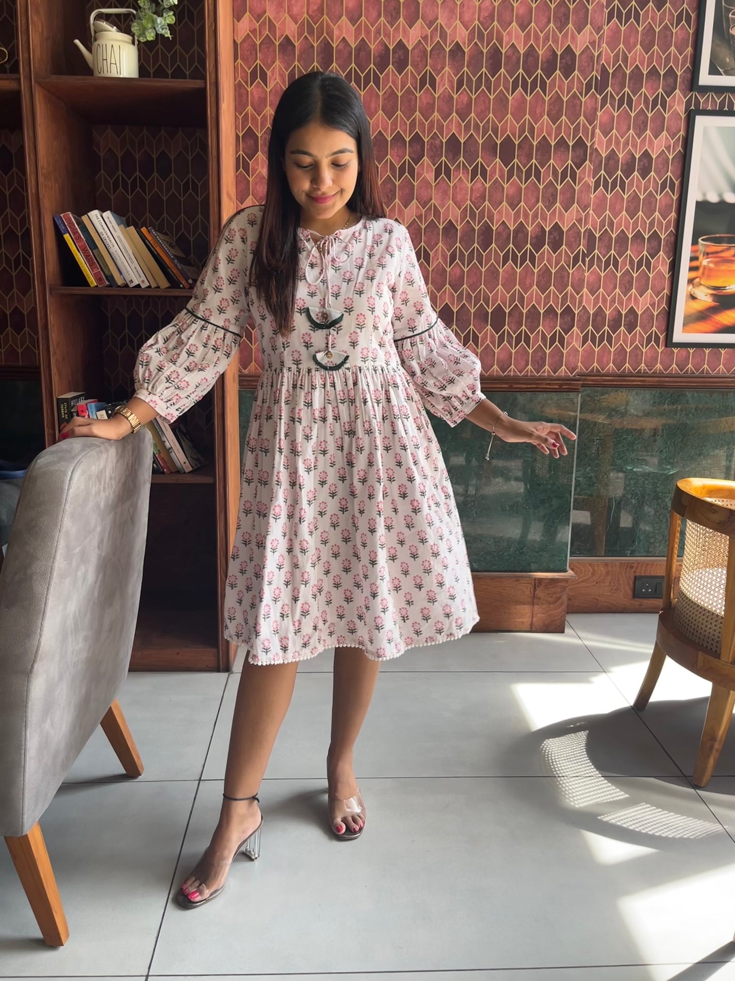 White spring block printed dress