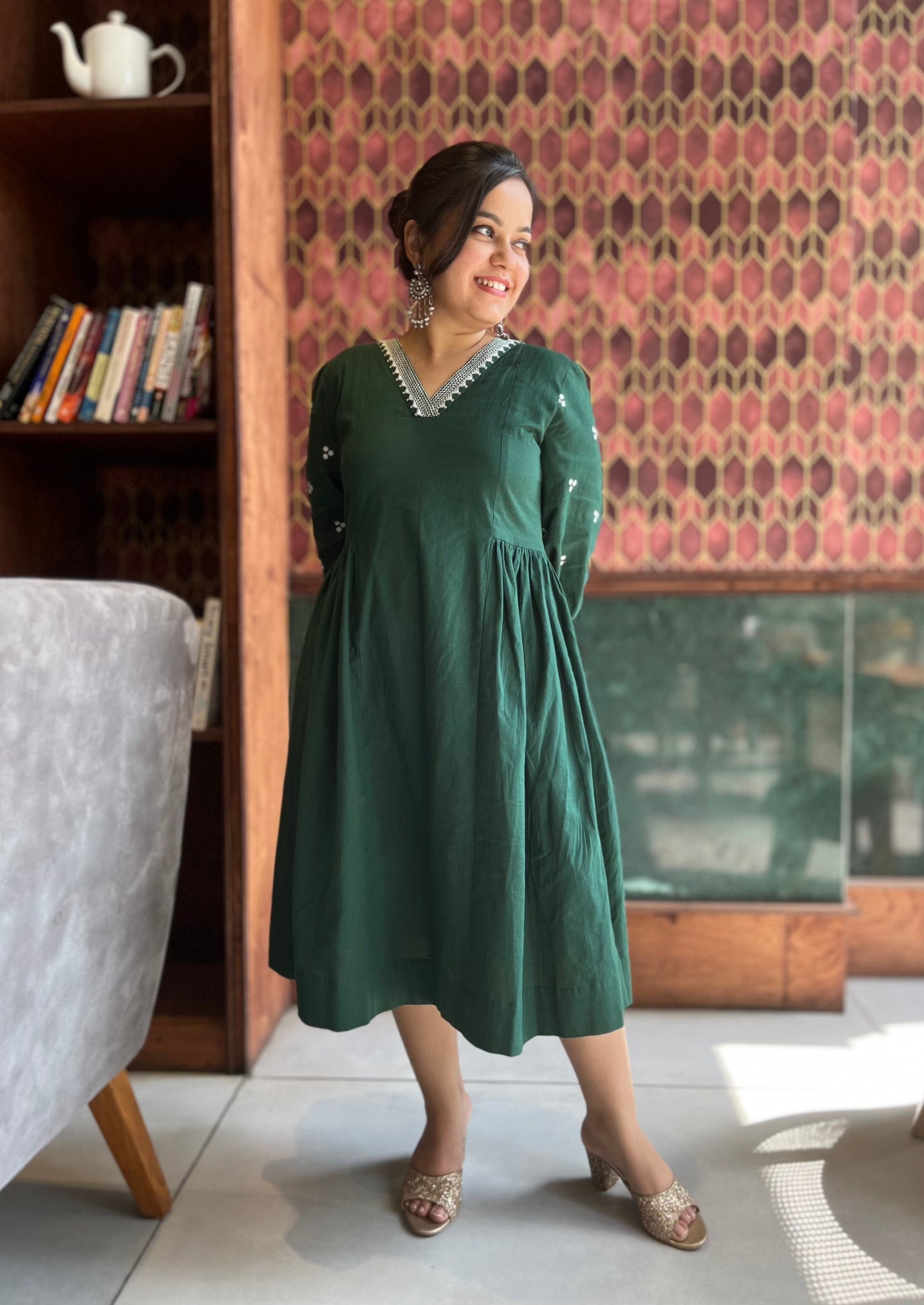 green embroidered dress