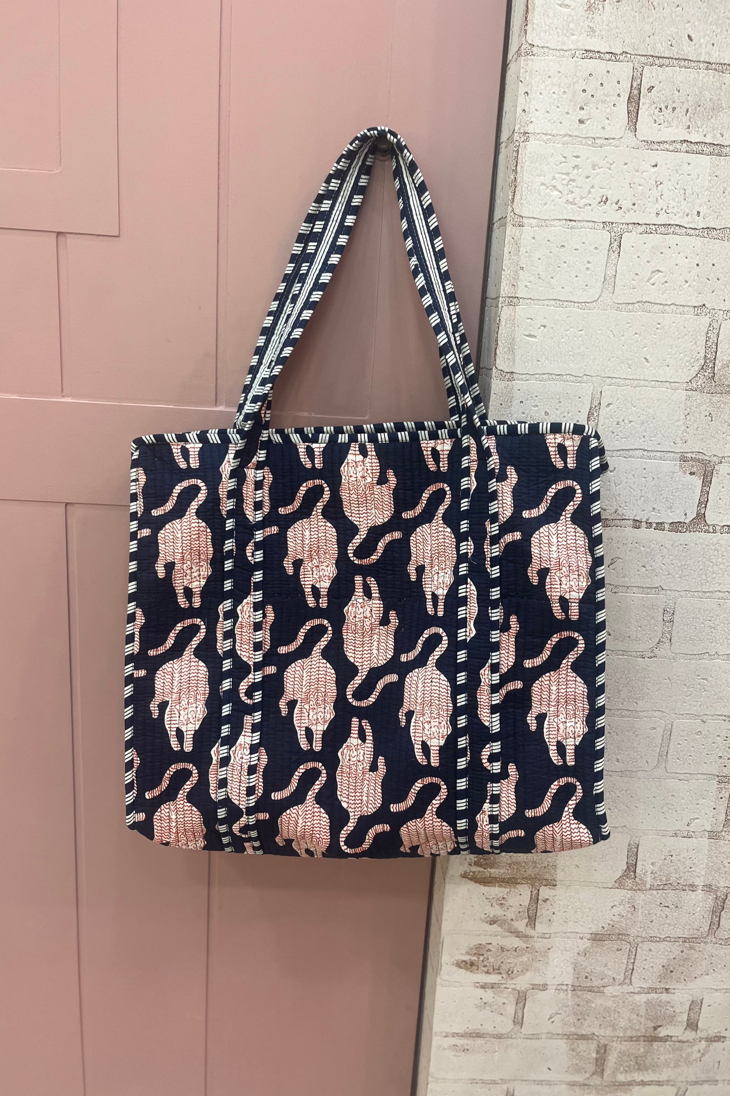 Navy block printed bag-large