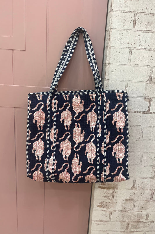 Navy block printed bag-large