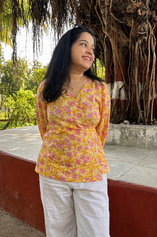 Yellow floral wrap top