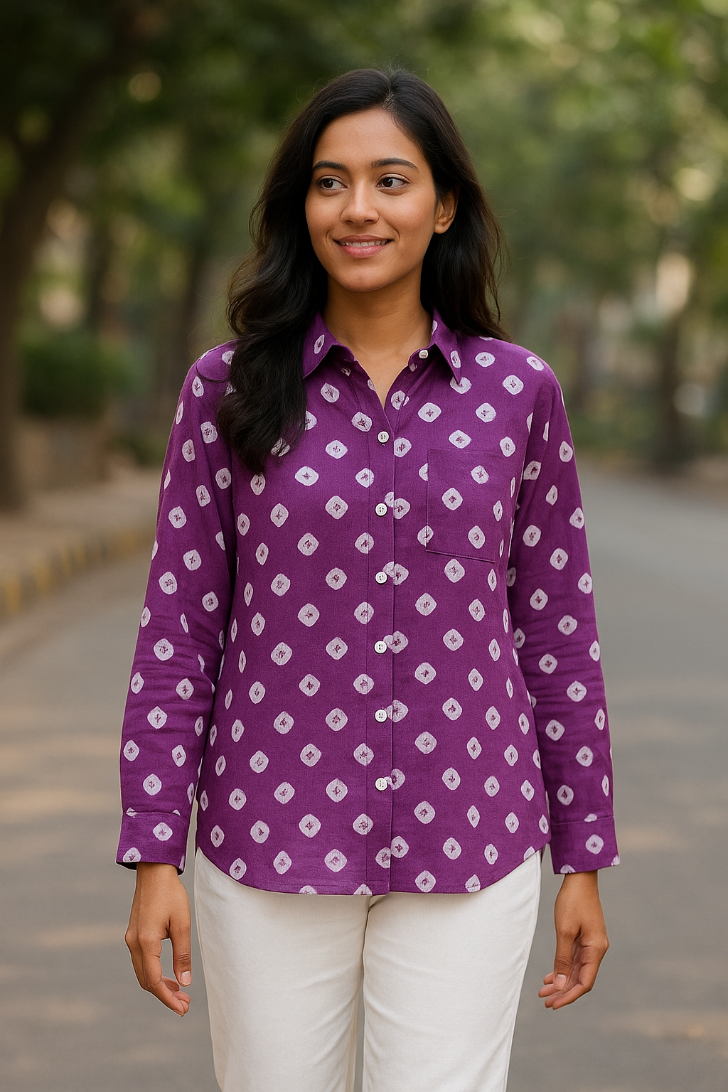 Mulmul Bandhani shirt- Purple