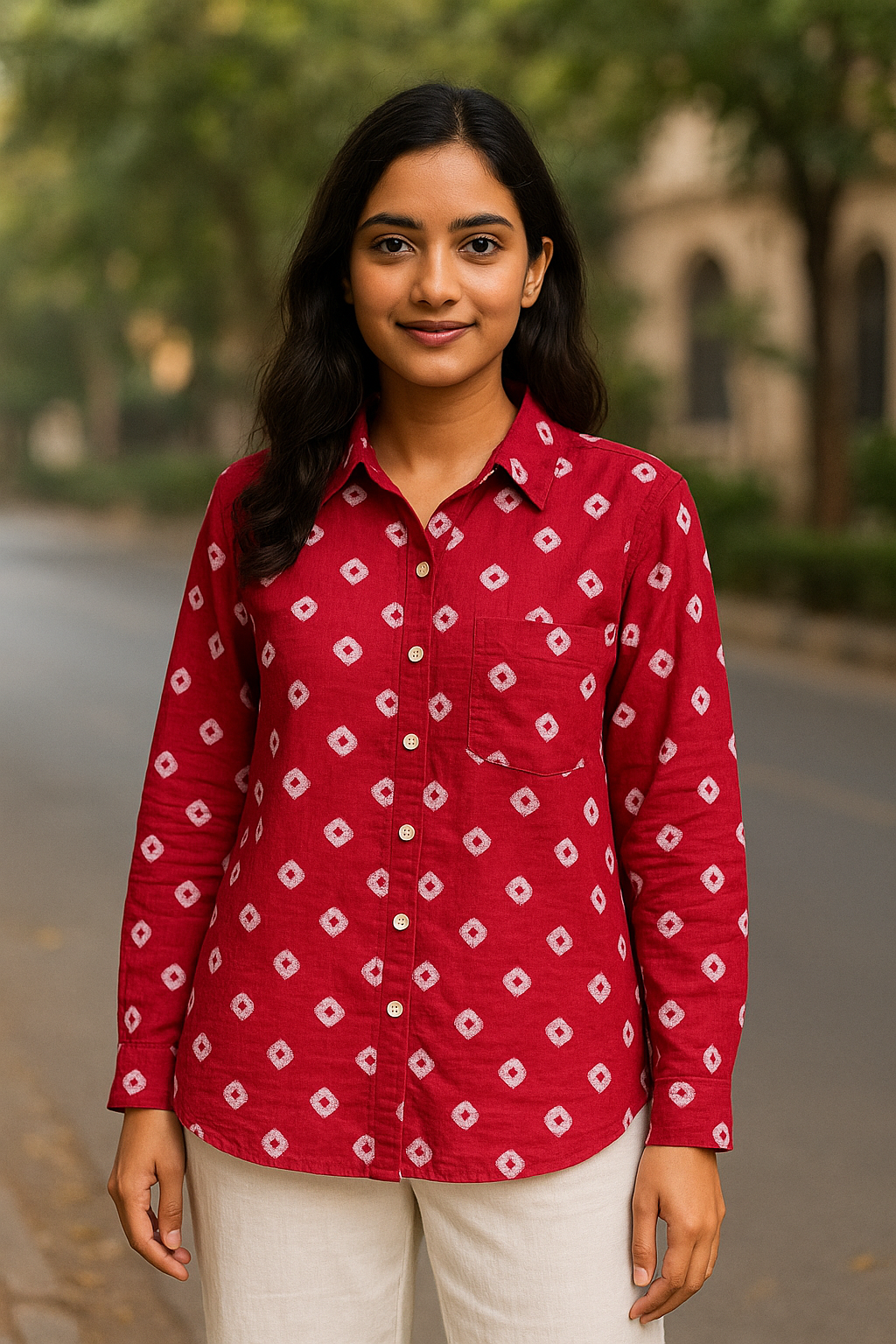 Mulmul Bandhani shirt-Red