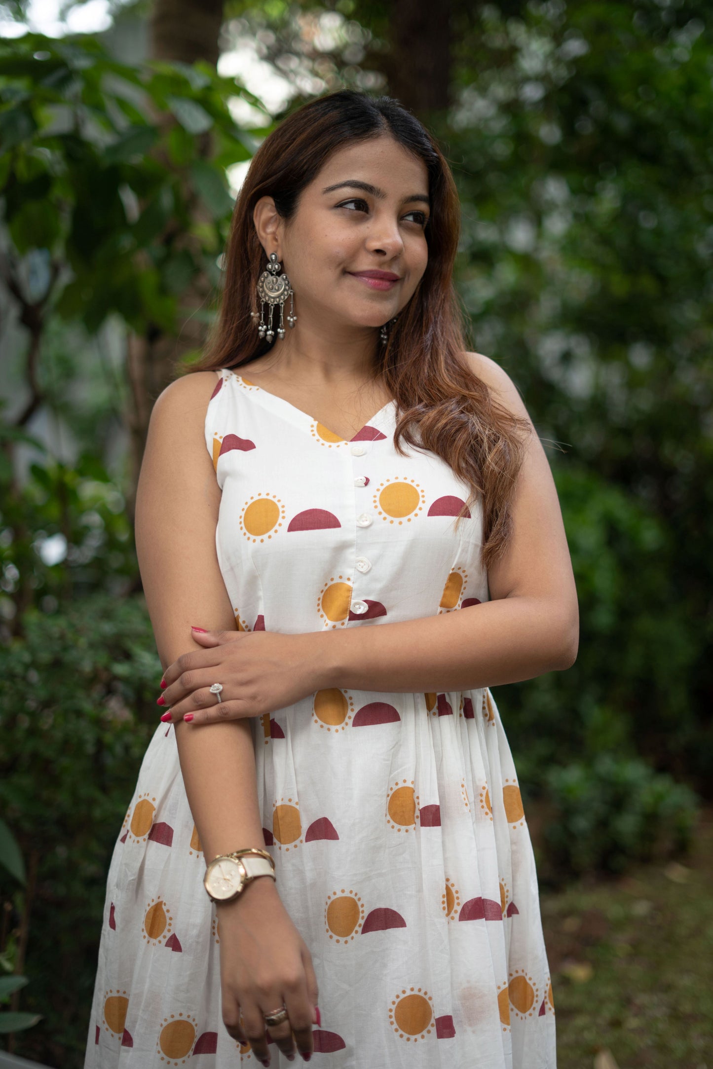 Moon block printed Dress- White