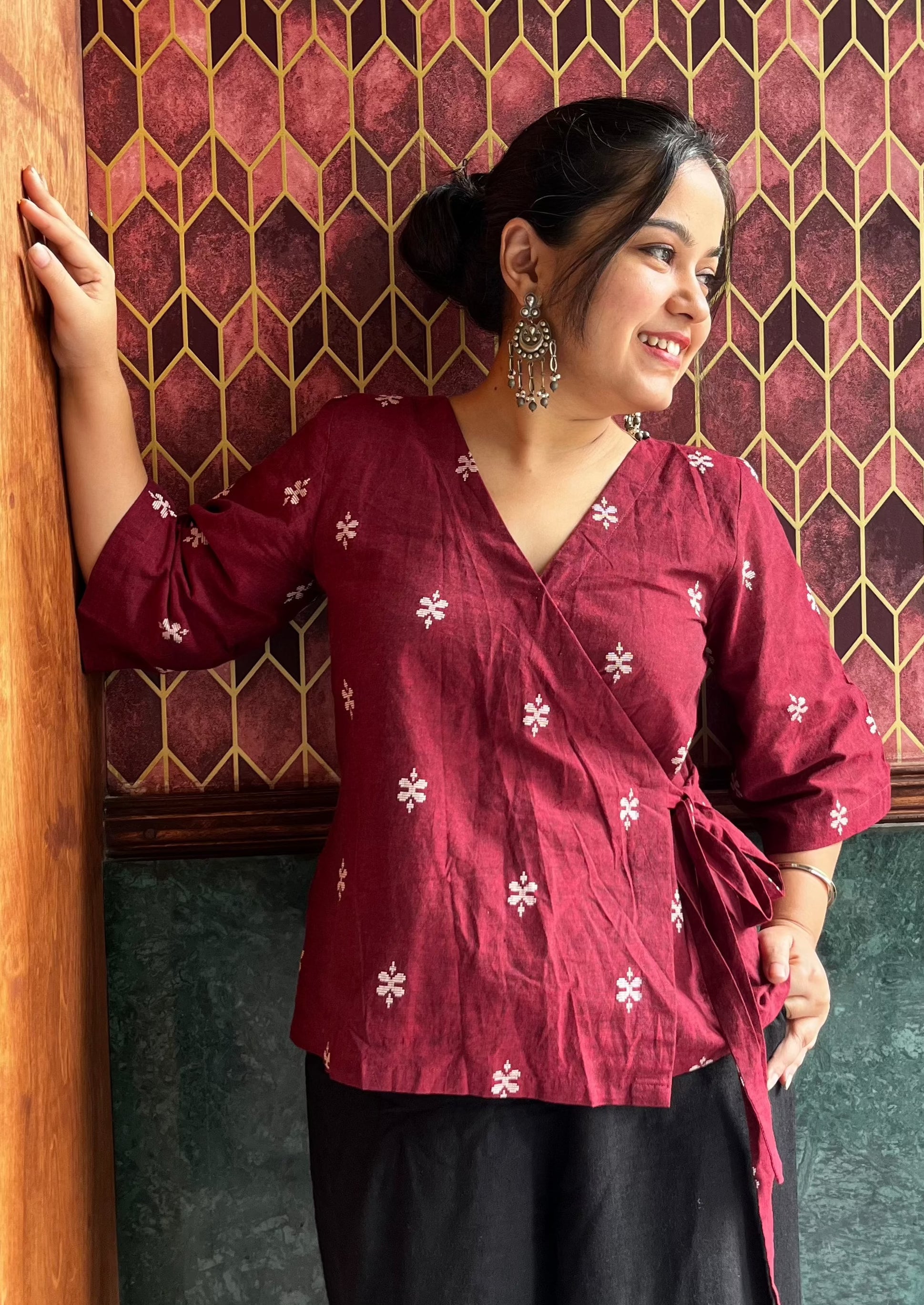 Maroon handloomed wrap top