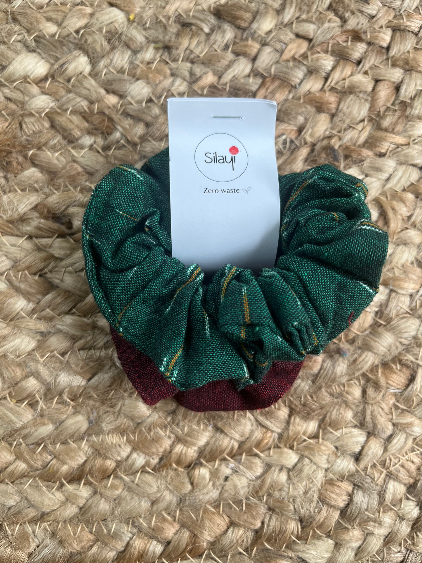 Maroon and green Ikat scrunchie