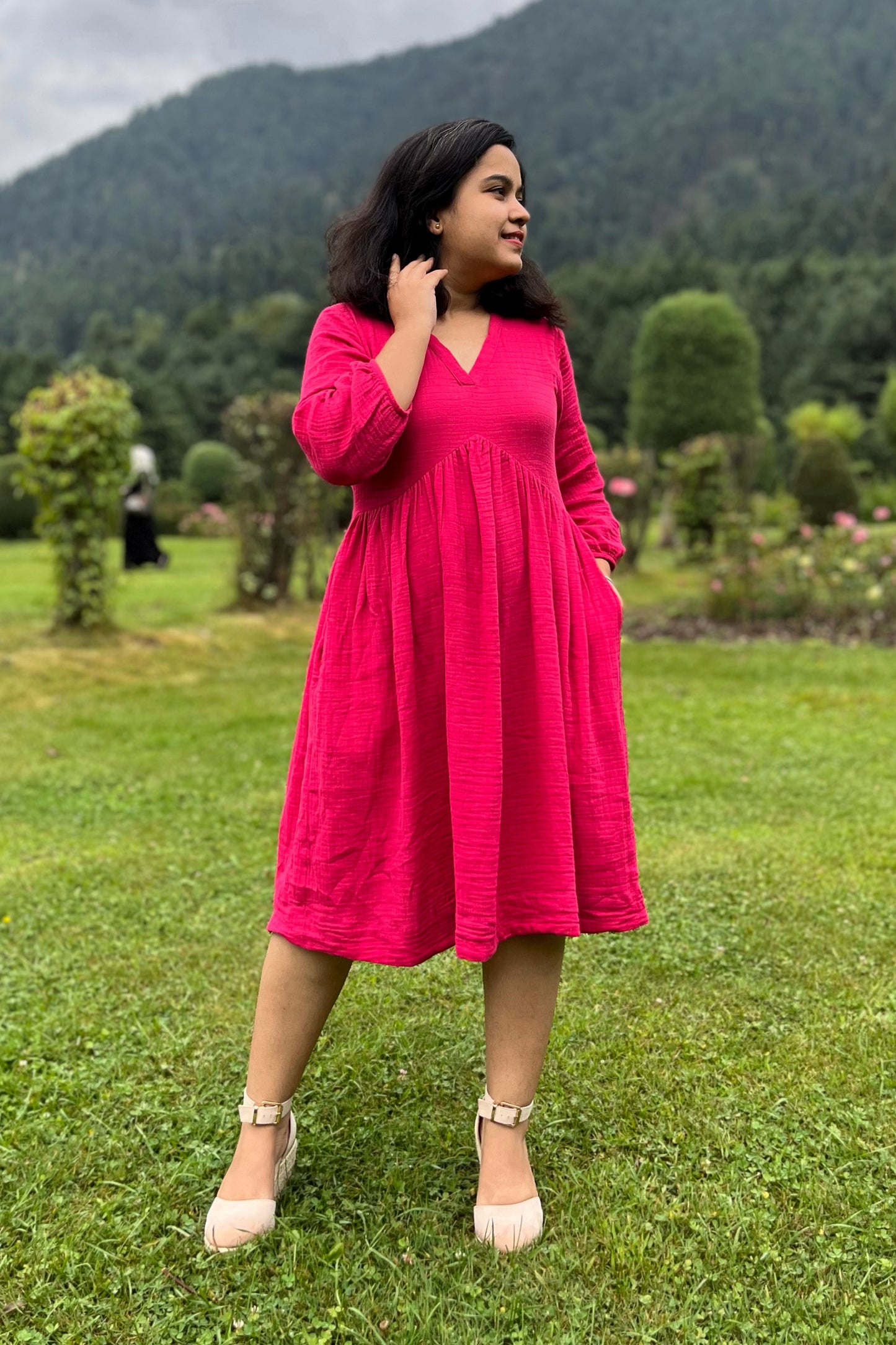 Fushia pink cotton gathered dress