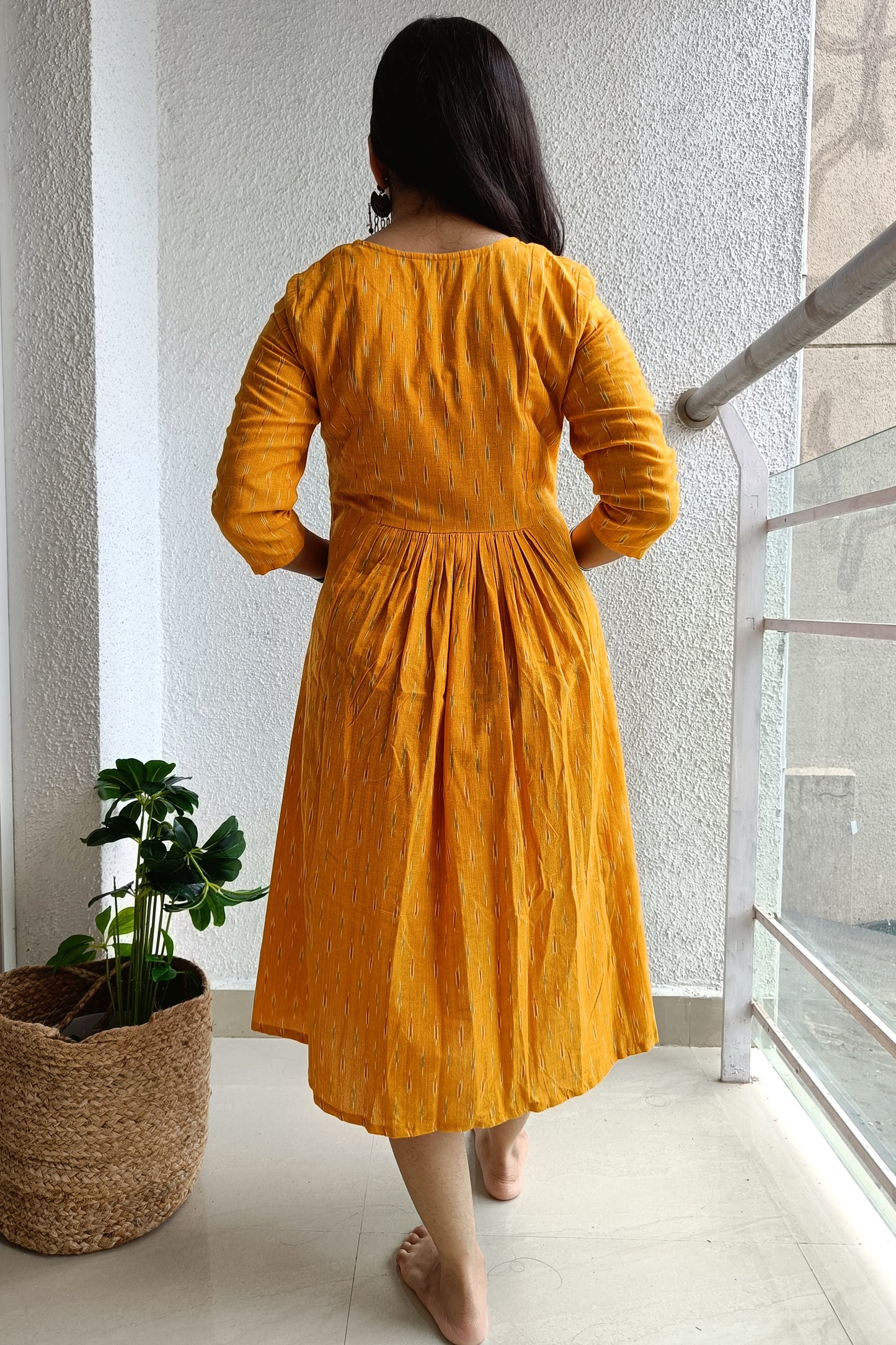 Roohi gathered Ikat dress-Yellow
