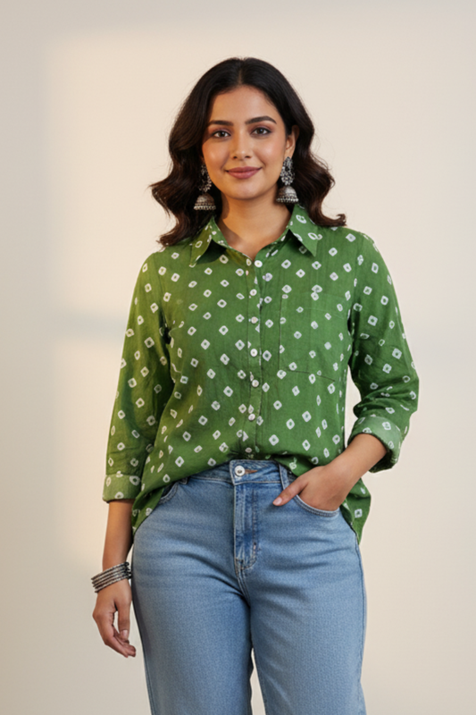 Mulmul Bandhani shirt-Olive