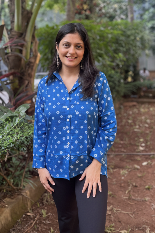 Mulmul Bandhani shirt-Blue