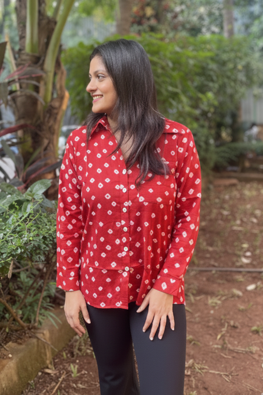 Mulmul Bandhani shirt-Red