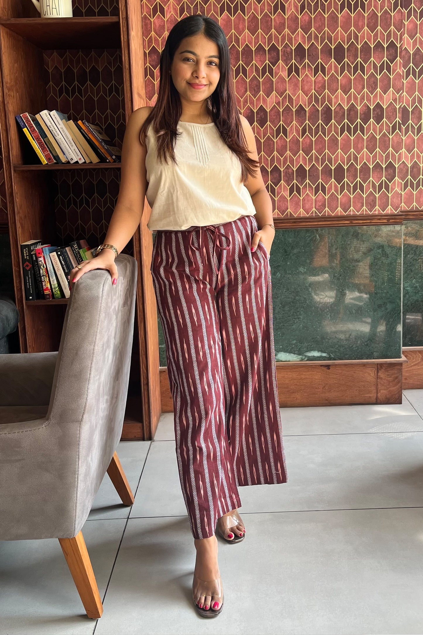 Maroon wide legged Ikat pants