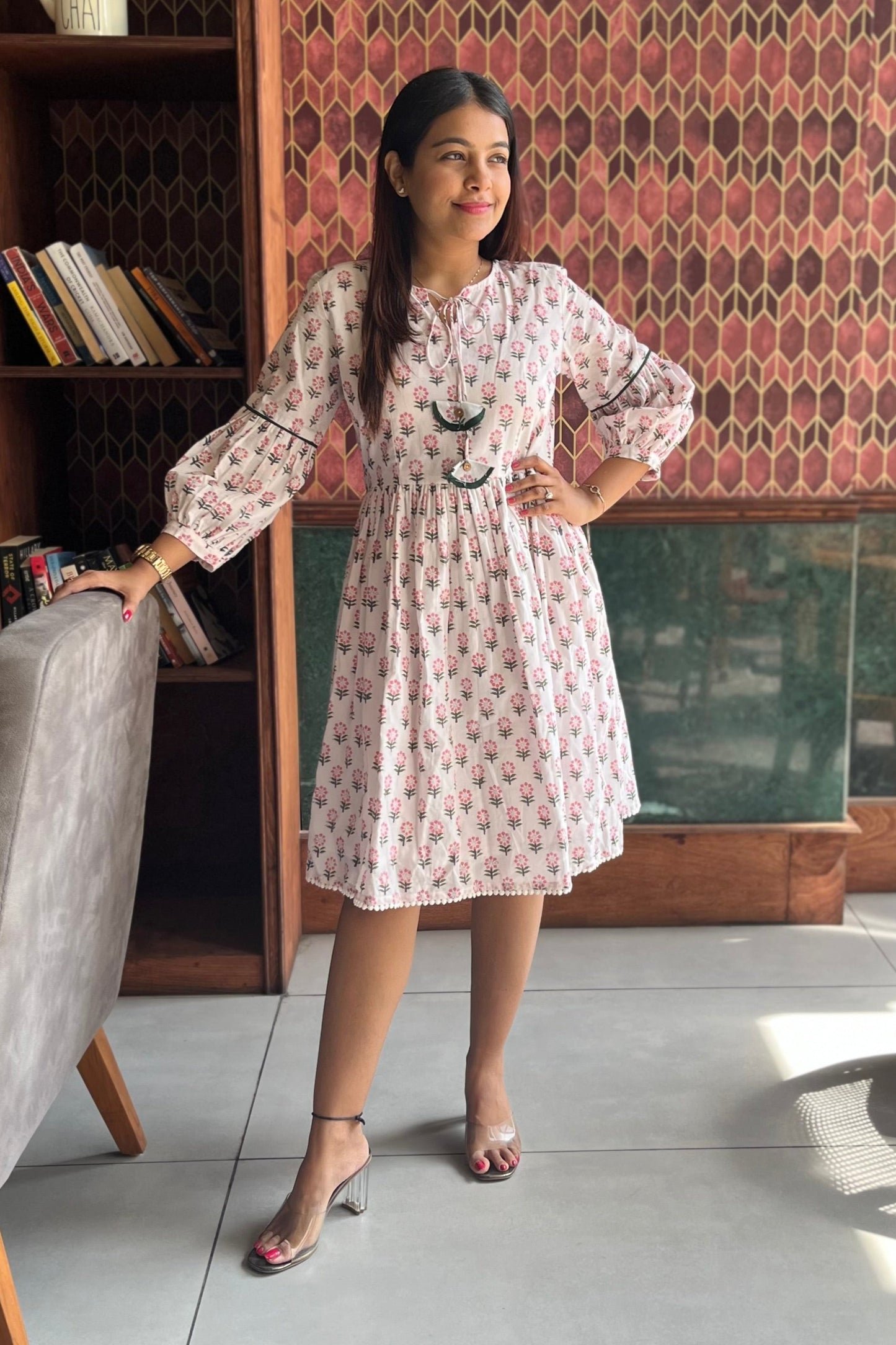 White spring block printed dress